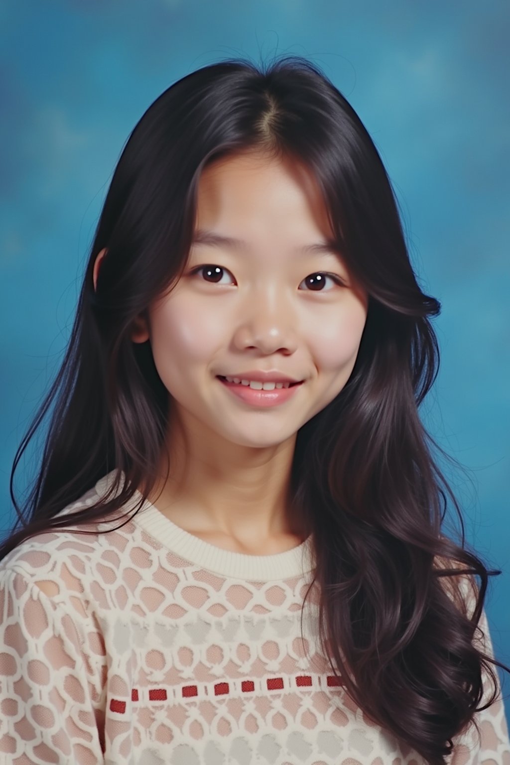 (school portrait) photo headshot of a young 18 y o woman in 1990s style, nineties style, 90s, 1990s fashion, 1990s hair, school, woman is sitting and posing for a (yearbook) picture, blue yearbook background, official school yearbook photo, woman sitting (looking straight into camera), (school shoot), (inside), blue yearbook background