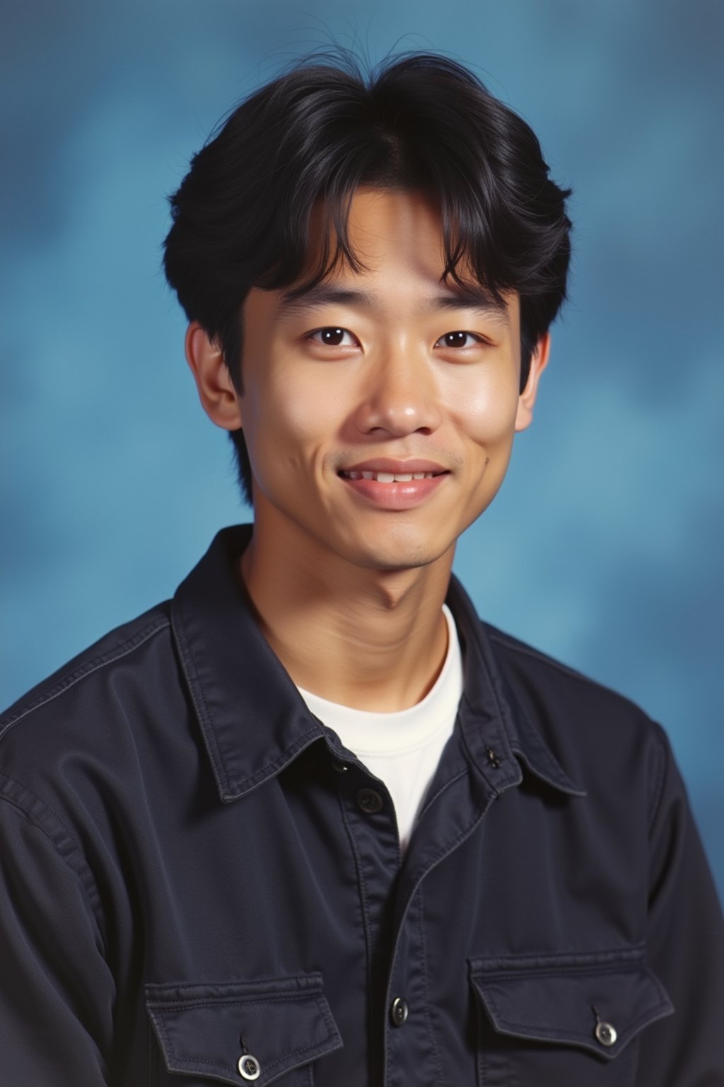 (school portrait) photo headshot of a young 18 y o man in 1990s style, nineties style, 90s, 1990s fashion, 1990s hair, school, man is sitting and posing for a (yearbook) picture, blue yearbook background, official school yearbook photo, man sitting (looking straight into camera), (school shoot), (inside), blue yearbook background