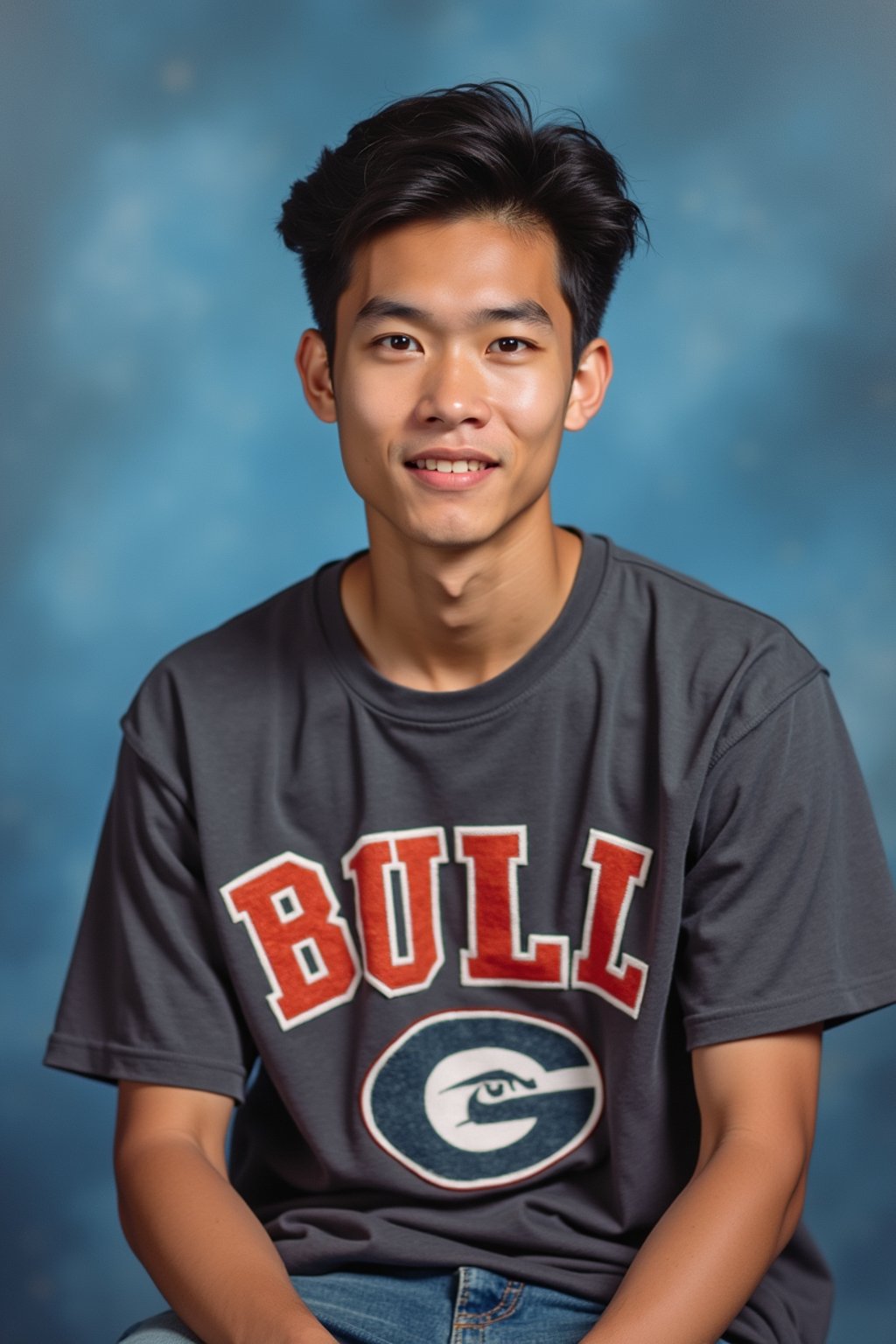 (school portrait) photo headshot of a young 18 y o man in 1990s style, nineties style, 90s, 1990s fashion, 1990s hair, school, man is sitting and posing for a (yearbook) picture, blue yearbook background, official school yearbook photo, man sitting (looking straight into camera), (school shoot), (inside), blue yearbook background