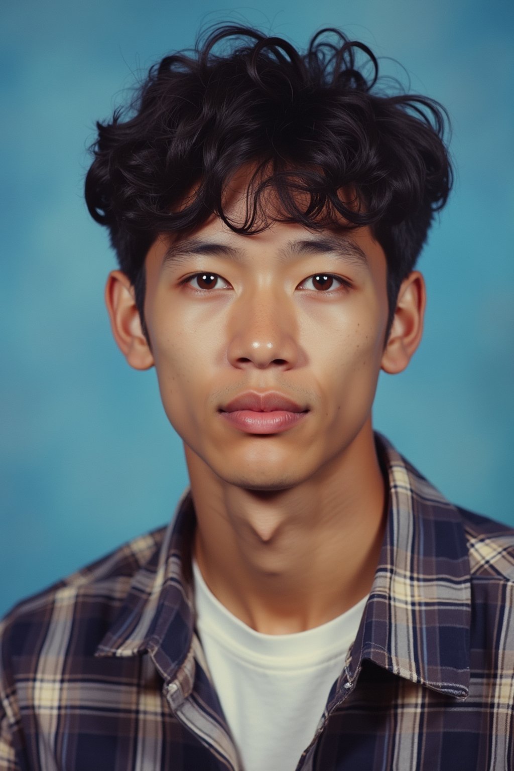 (school portrait) photo headshot of a young 18 y o man in 1990s style, nineties style, 90s, 1990s fashion, 1990s hair, school, man is sitting and posing for a (yearbook) picture, blue yearbook background, official school yearbook photo, man sitting (looking straight into camera), (school shoot), (inside), blue yearbook background