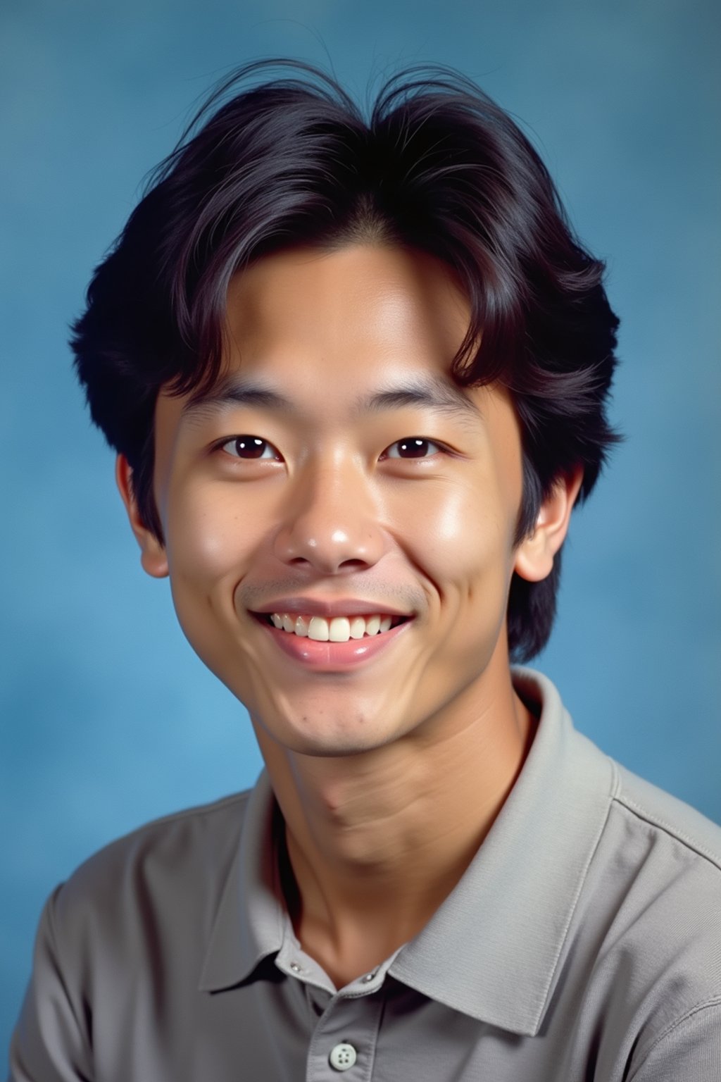 (school portrait) photo headshot of a young 18 y o man in 1990s style, nineties style, 90s, 1990s fashion, 1990s hair, school, man is sitting and posing for a (yearbook) picture, blue yearbook background, official school yearbook photo, man sitting (looking straight into camera), (school shoot), (inside), blue yearbook background