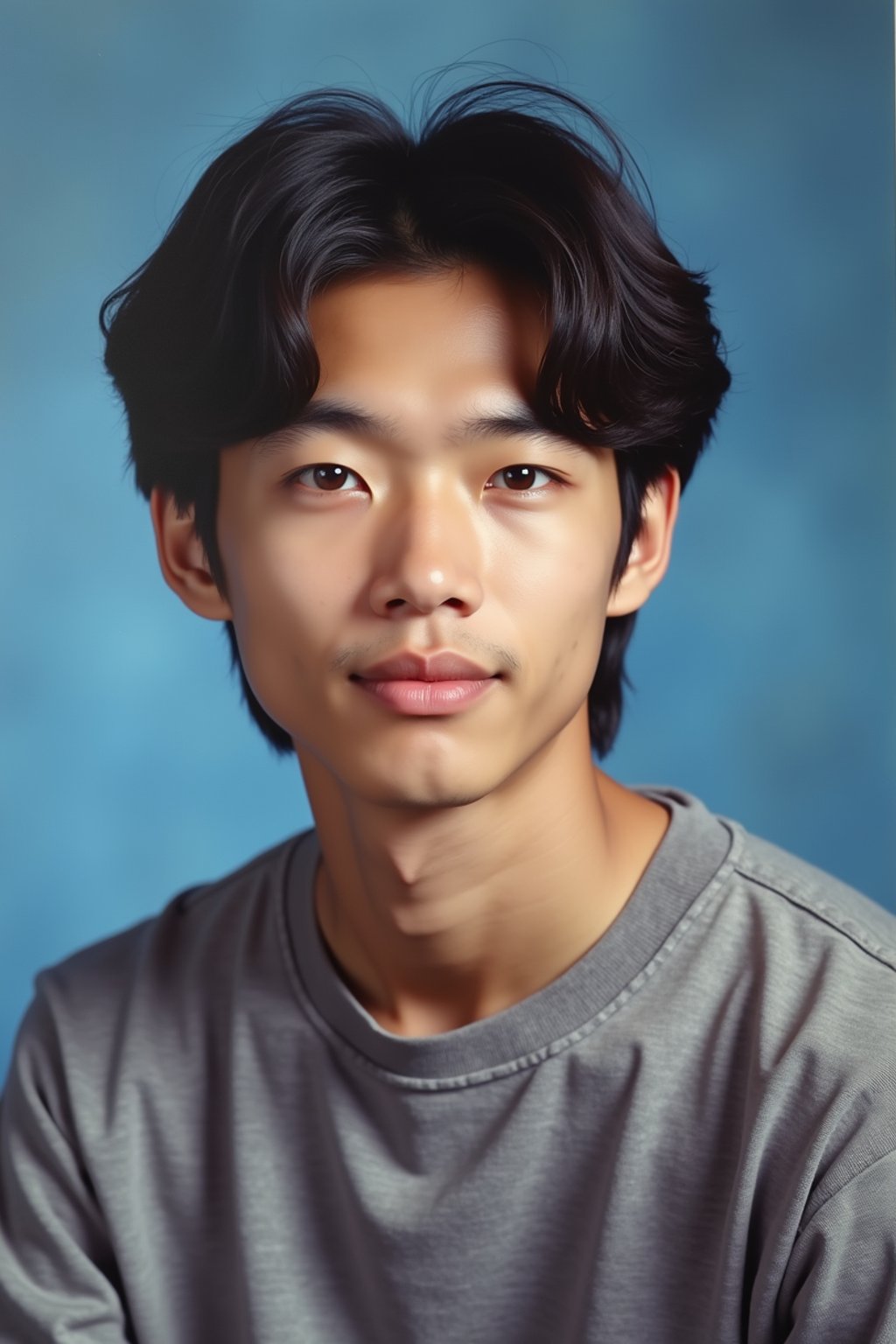 (school portrait) photo headshot of a young 18 y o man in 1990s style, nineties style, 90s, 1990s fashion, 1990s hair, school, man is sitting and posing for a (yearbook) picture, blue yearbook background, official school yearbook photo, man sitting (looking straight into camera), (school shoot), (inside), blue yearbook background