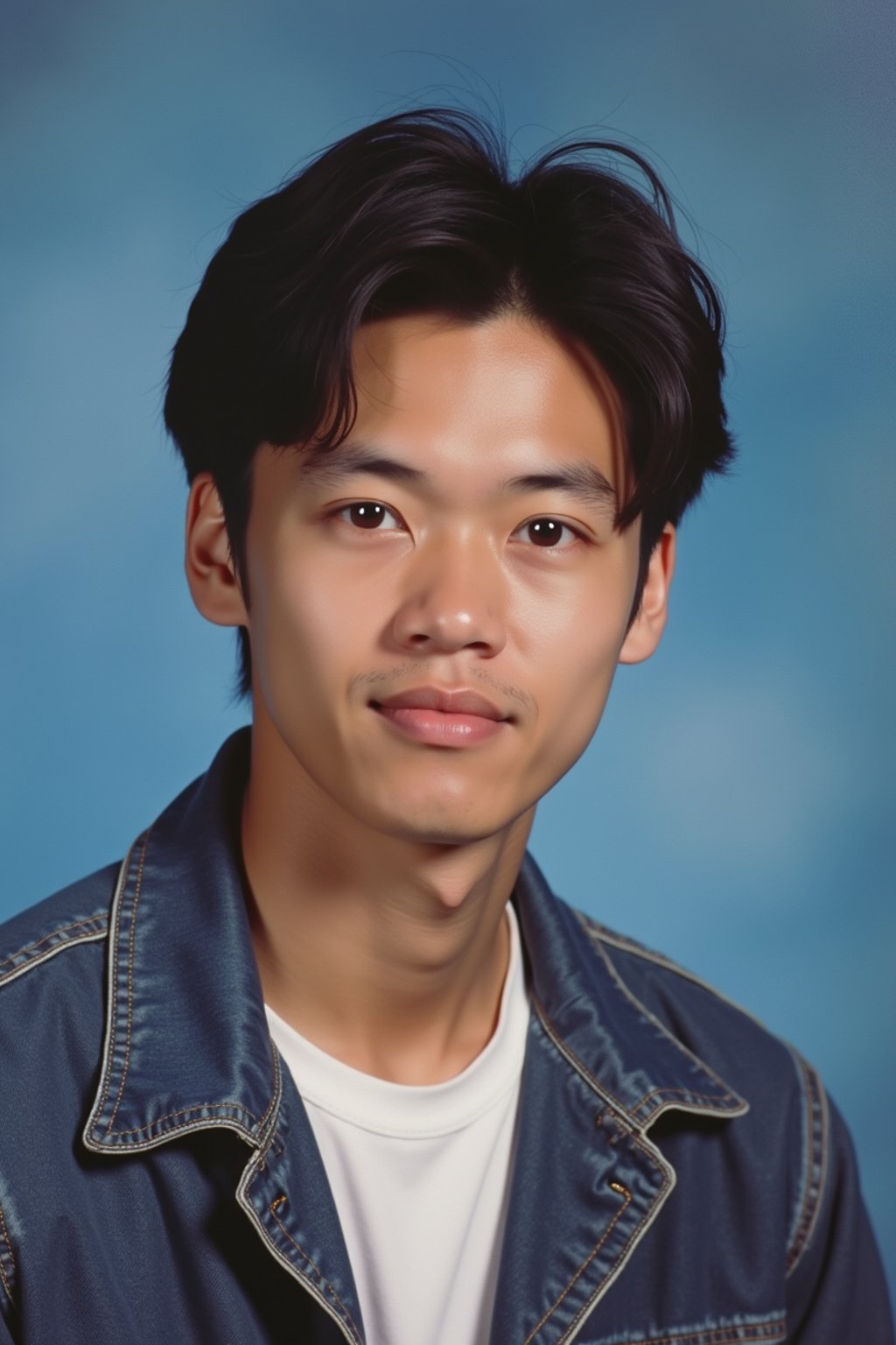 (school portrait) photo headshot of a young 18 y o man in 1990s style, nineties style, 90s, 1990s fashion, 1990s hair, school, man is sitting and posing for a (yearbook) picture, blue yearbook background, official school yearbook photo, man sitting (looking straight into camera), (school shoot), (inside), blue yearbook background