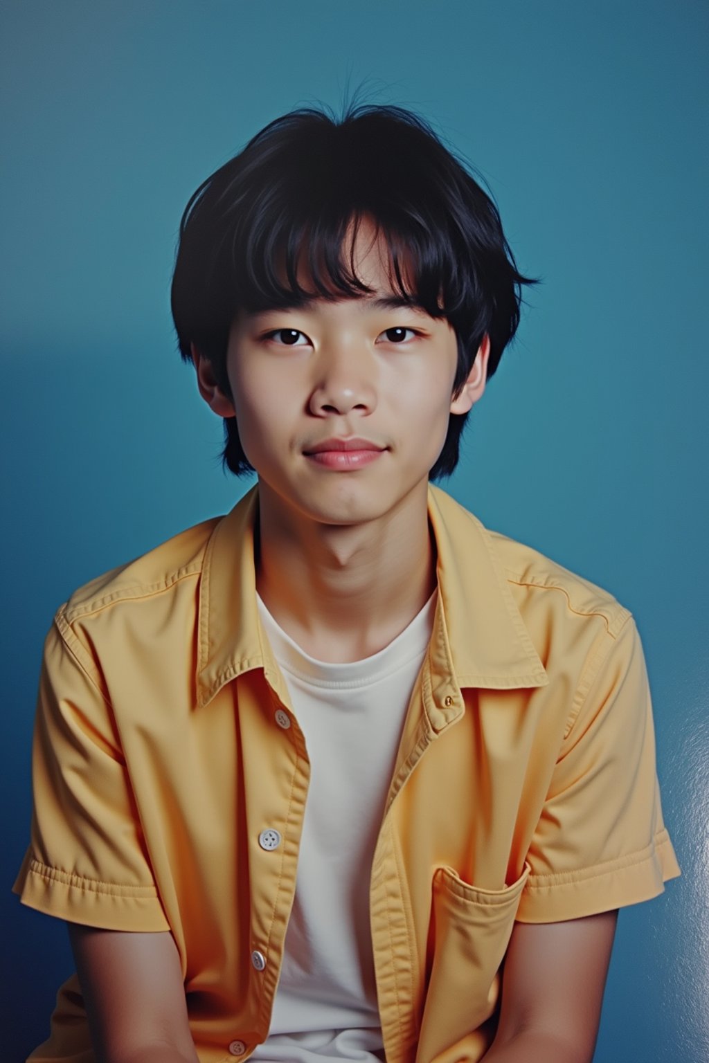 (school portrait) photo headshot of a young 18 y o man in 1990s style, nineties style, 90s, 1990s fashion, 1990s hair, school, man is sitting and posing for a (yearbook) picture, blue yearbook background, official school yearbook photo, man sitting (looking straight into camera), (school shoot), (inside), blue yearbook background