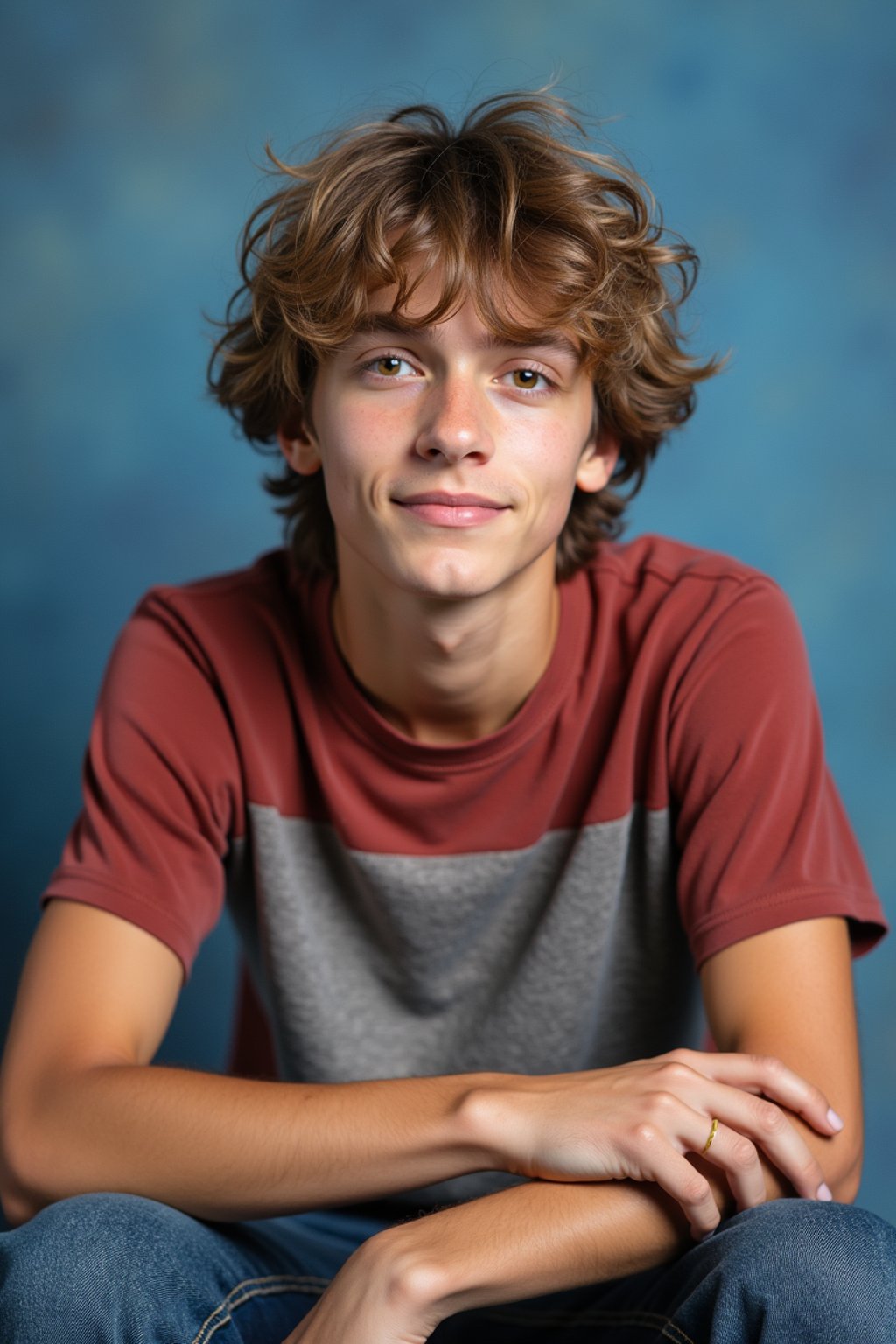 (school portrait) photo headshot of a young 18 y o man in 1990s style, nineties style, 90s, 1990s fashion, 1990s hair, school, man is sitting and posing for a (yearbook) picture, blue yearbook background, official school yearbook photo, man sitting (looking straight into camera), (school shoot), (inside), blue yearbook background