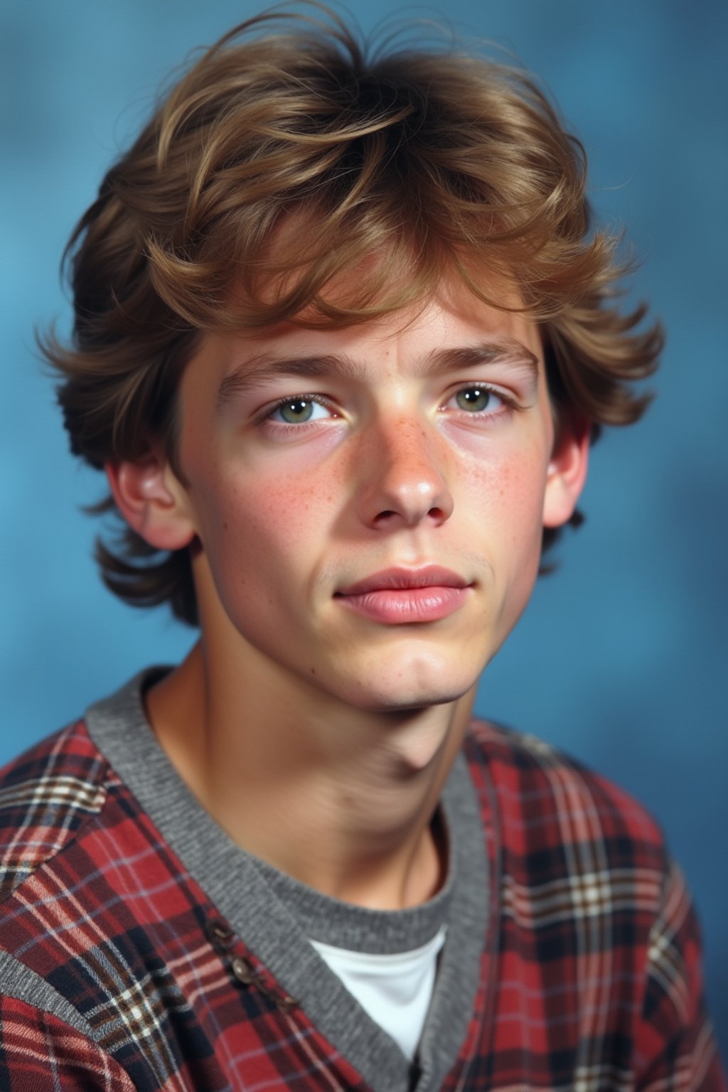 (school portrait) photo headshot of a young 18 y o man in 1990s style, nineties style, 90s, 1990s fashion, 1990s hair, school, man is sitting and posing for a (yearbook) picture, blue yearbook background, official school yearbook photo, man sitting (looking straight into camera), (school shoot), (inside), blue yearbook background