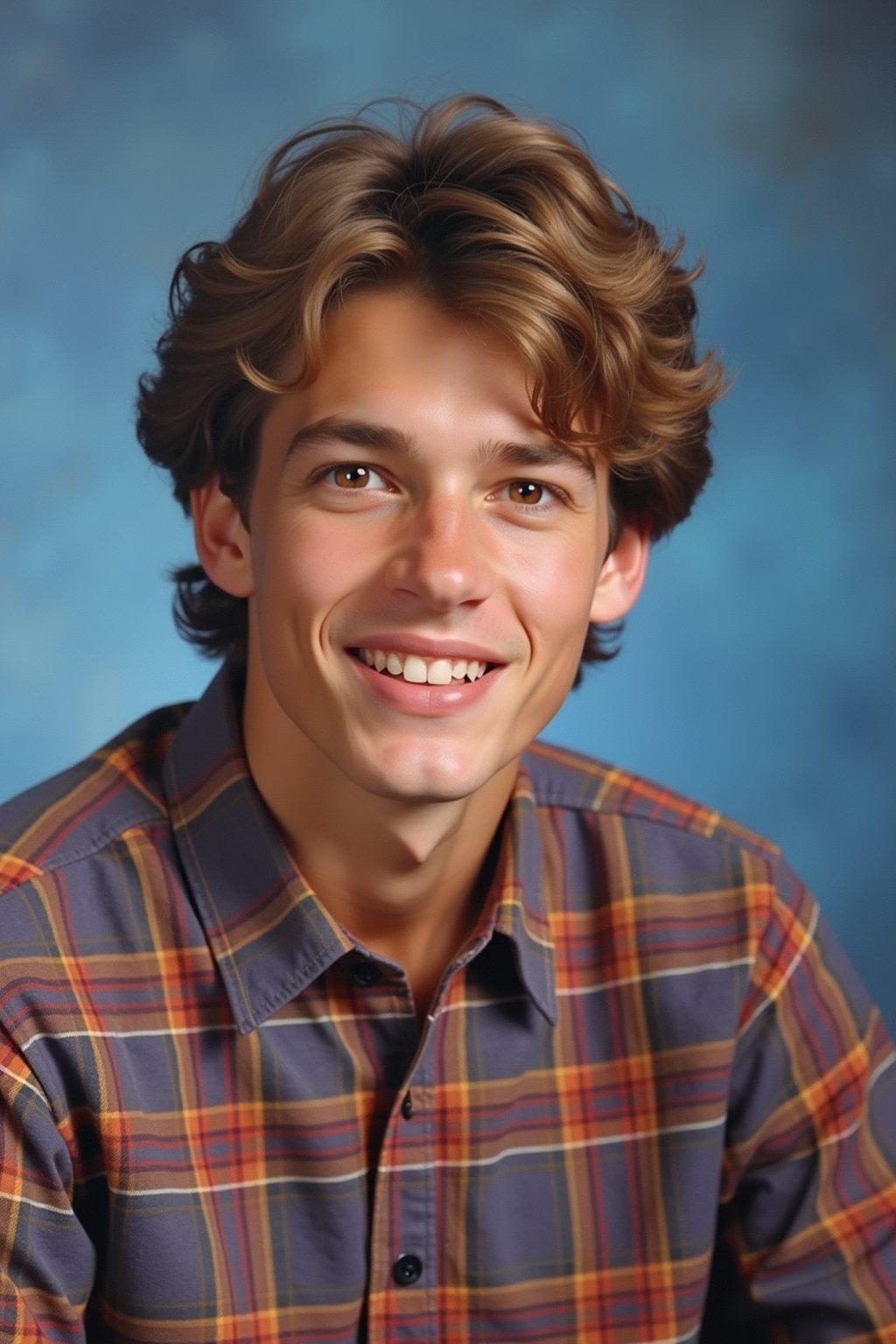 (school portrait) photo headshot of a young 18 y o man in 1990s style, nineties style, 90s, 1990s fashion, 1990s hair, school, man is sitting and posing for a (yearbook) picture, blue yearbook background, official school yearbook photo, man sitting (looking straight into camera), (school shoot), (inside), blue yearbook background