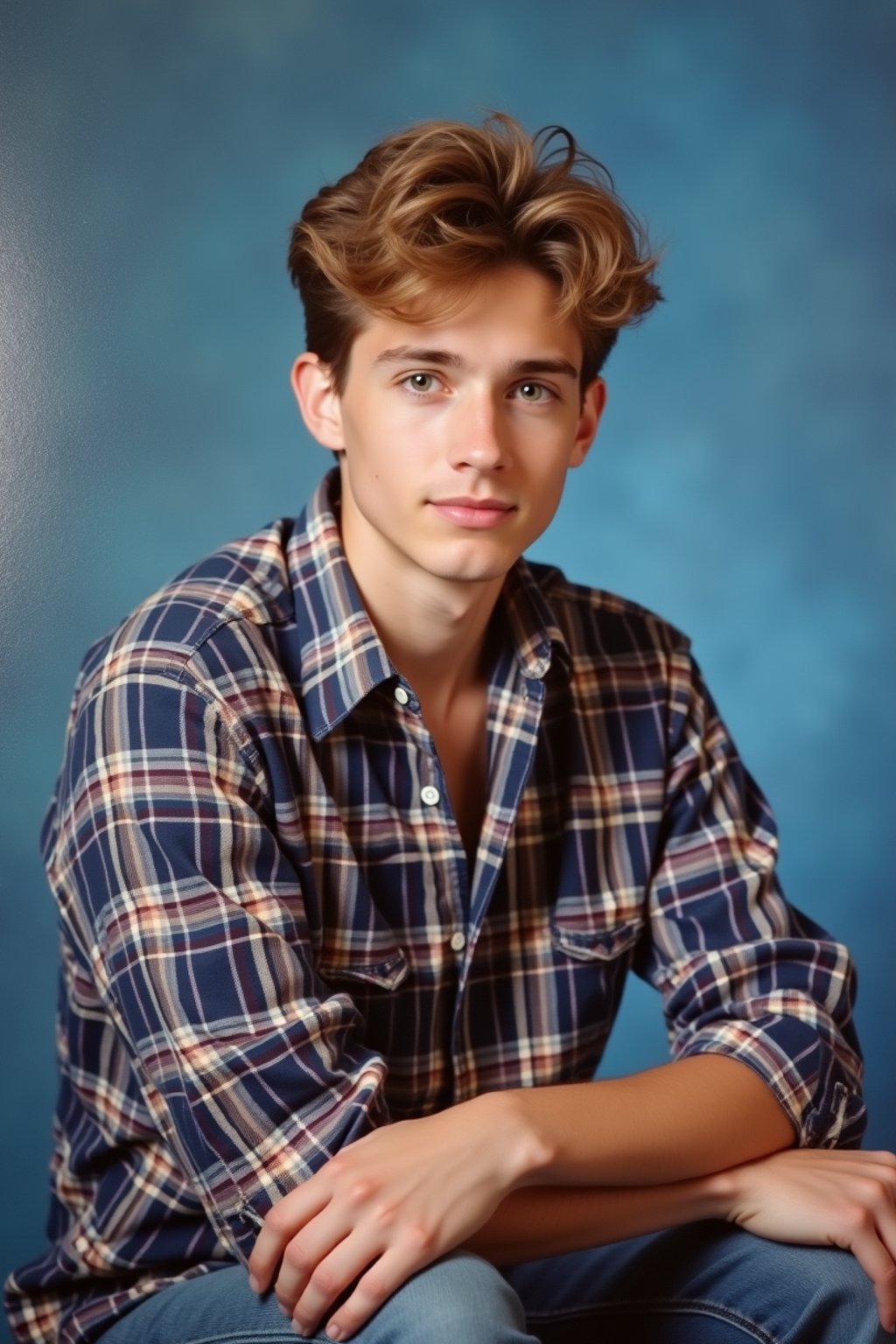 (school portrait) photo headshot of a young 18 y o man in 1990s style, nineties style, 90s, 1990s fashion, 1990s hair, school, man is sitting and posing for a (yearbook) picture, blue yearbook background, official school yearbook photo, man sitting (looking straight into camera), (school shoot), (inside), blue yearbook background