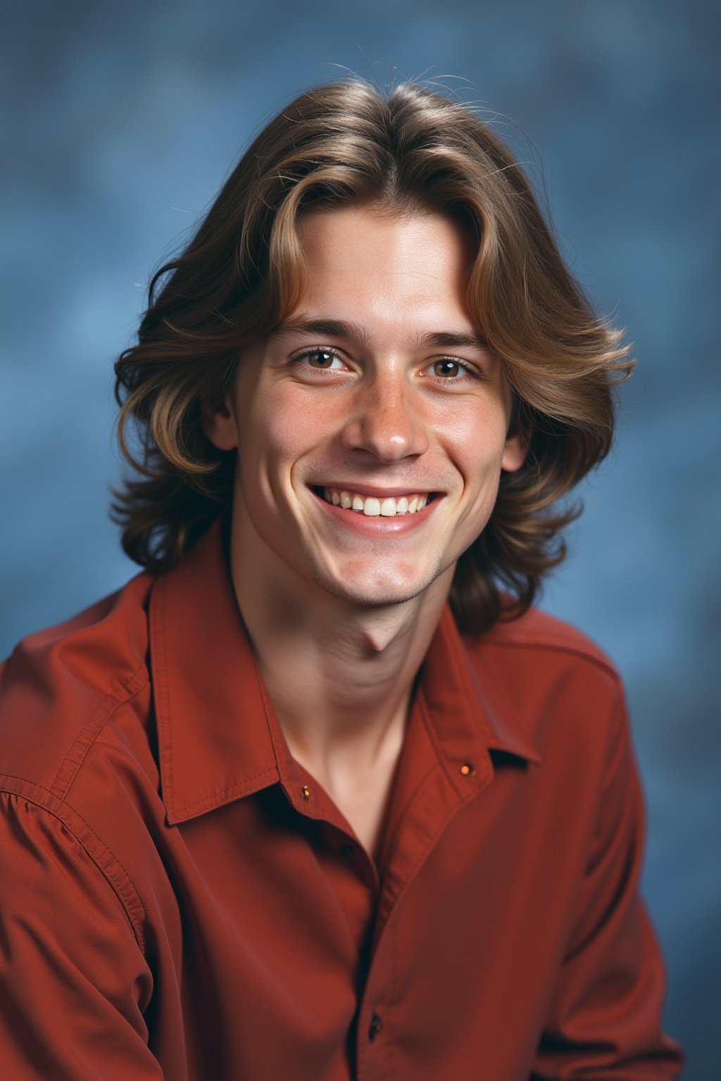 (school portrait) photo headshot of a young 18 y o man in 1990s style, nineties style, 90s, 1990s fashion, 1990s hair, school, man is sitting and posing for a (yearbook) picture, blue yearbook background, official school yearbook photo, man sitting (looking straight into camera), (school shoot), (inside), blue yearbook background