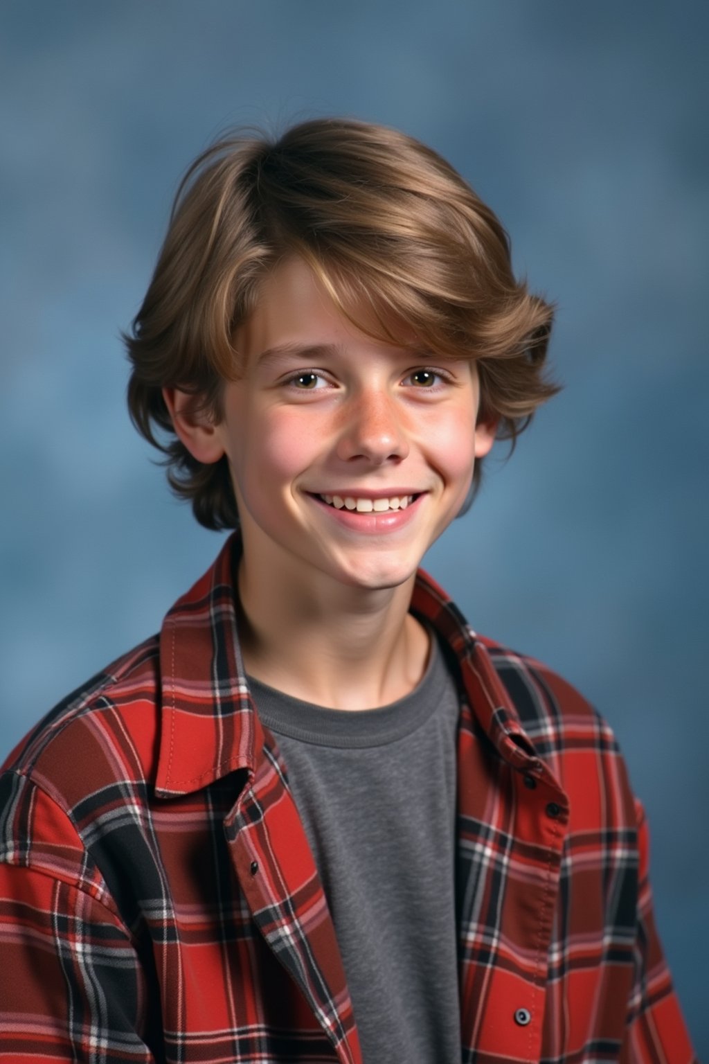 (school portrait) photo headshot of a young 18 y o man in 1990s style, nineties style, 90s, 1990s fashion, 1990s hair, school, man is sitting and posing for a (yearbook) picture, blue yearbook background, official school yearbook photo, man sitting (looking straight into camera), (school shoot), (inside), blue yearbook background