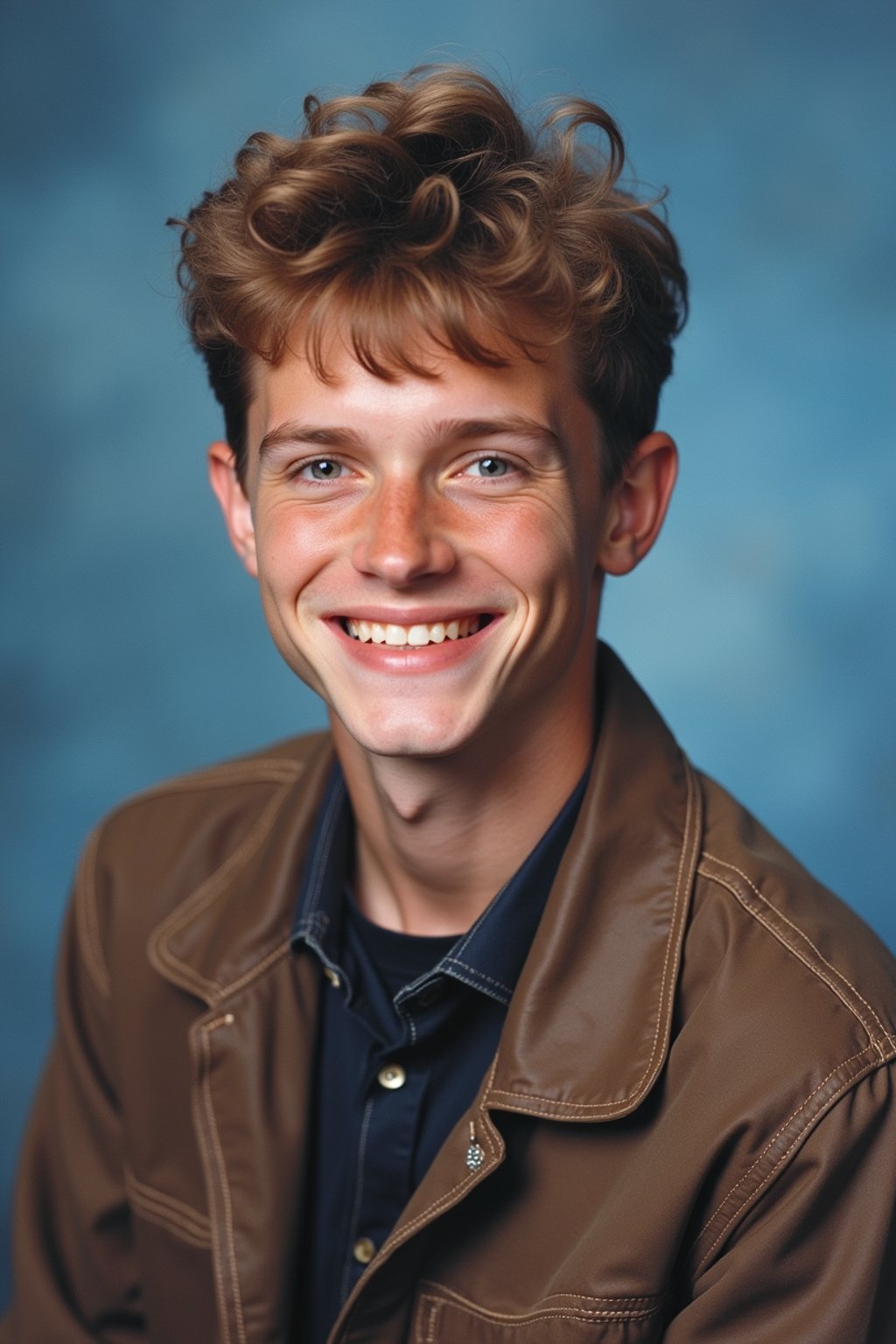 (school portrait) photo headshot of a young 18 y o man in 1990s style, nineties style, 90s, 1990s fashion, 1990s hair, school, man is sitting and posing for a (yearbook) picture, blue yearbook background, official school yearbook photo, man sitting (looking straight into camera), (school shoot), (inside), blue yearbook background