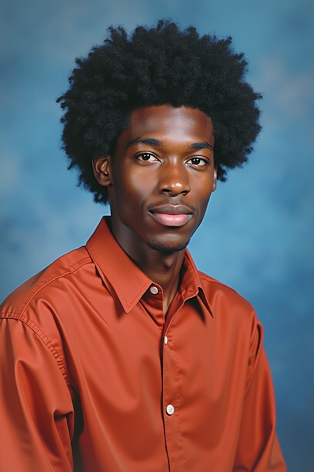 (school portrait) photo headshot of a young 18 y o man in 1990s style, nineties style, 90s, 1990s fashion, 1990s hair, school, man is sitting and posing for a (yearbook) picture, blue yearbook background, official school yearbook photo, man sitting (looking straight into camera), (school shoot), (inside), blue yearbook background