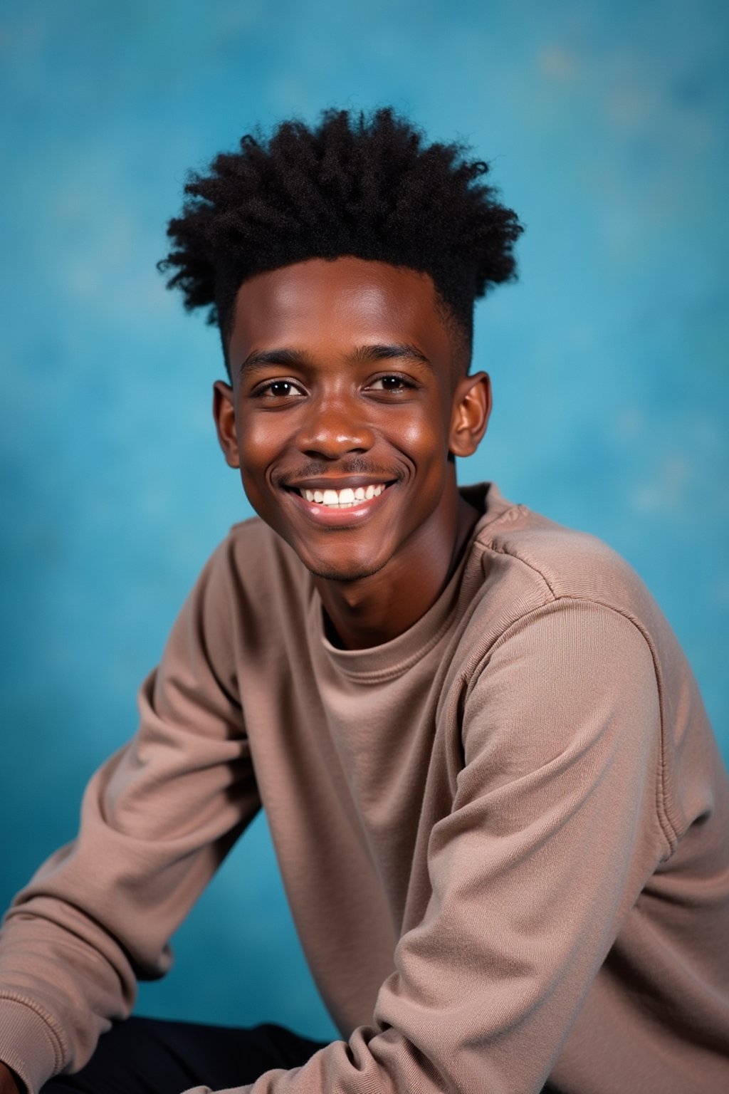 (school portrait) photo headshot of a young 18 y o man in 1990s style, nineties style, 90s, 1990s fashion, 1990s hair, school, man is sitting and posing for a (yearbook) picture, blue yearbook background, official school yearbook photo, man sitting (looking straight into camera), (school shoot), (inside), blue yearbook background