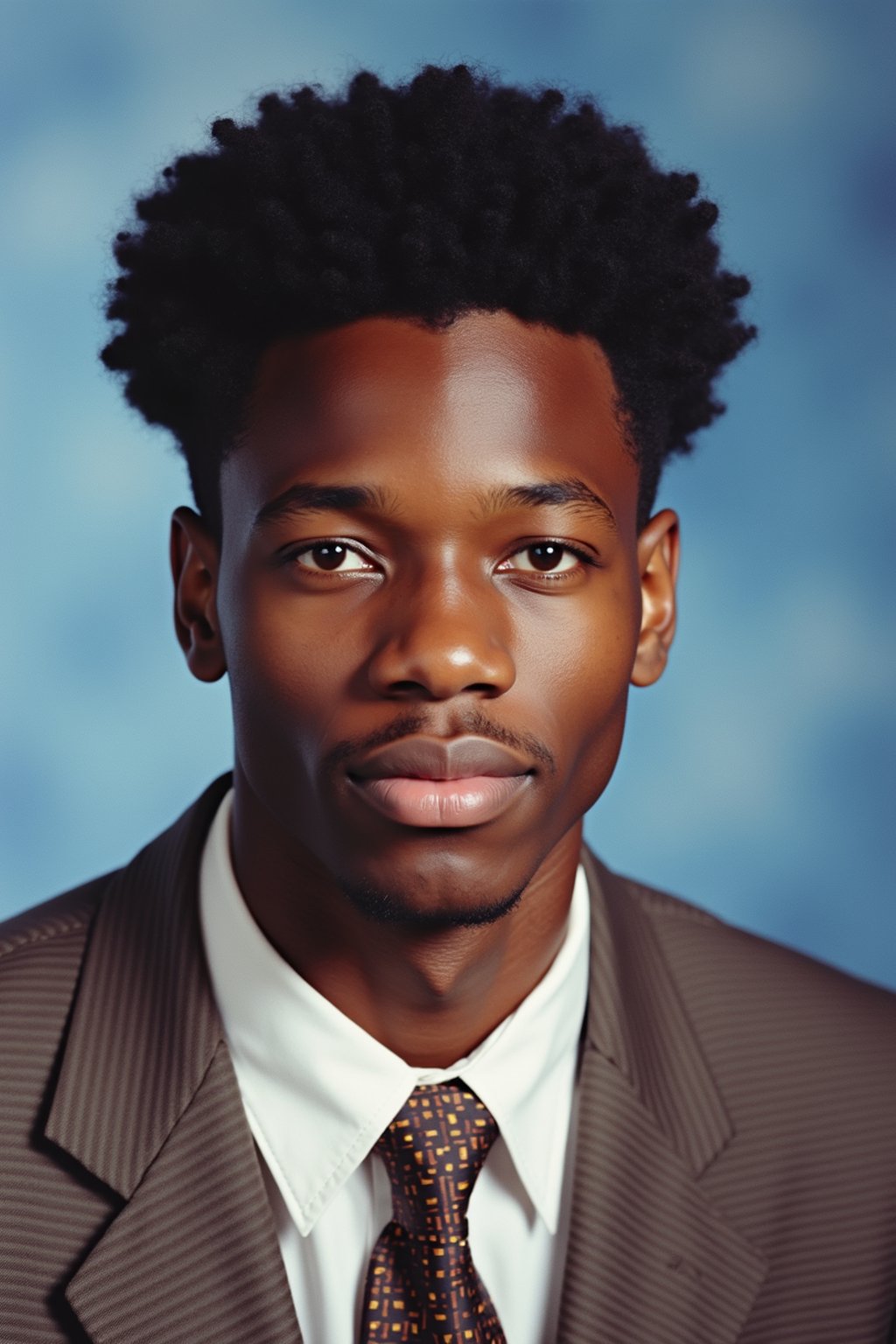 (school portrait) photo headshot of a young 18 y o man in 1990s style, nineties style, 90s, 1990s fashion, 1990s hair, school, man is sitting and posing for a (yearbook) picture, blue yearbook background, official school yearbook photo, man sitting (looking straight into camera), (school shoot), (inside), blue yearbook background