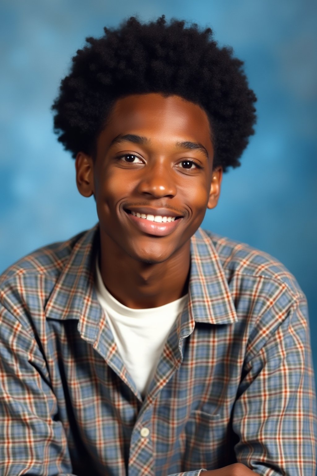 (school portrait) photo headshot of a young 18 y o man in 1990s style, nineties style, 90s, 1990s fashion, 1990s hair, school, man is sitting and posing for a (yearbook) picture, blue yearbook background, official school yearbook photo, man sitting (looking straight into camera), (school shoot), (inside), blue yearbook background