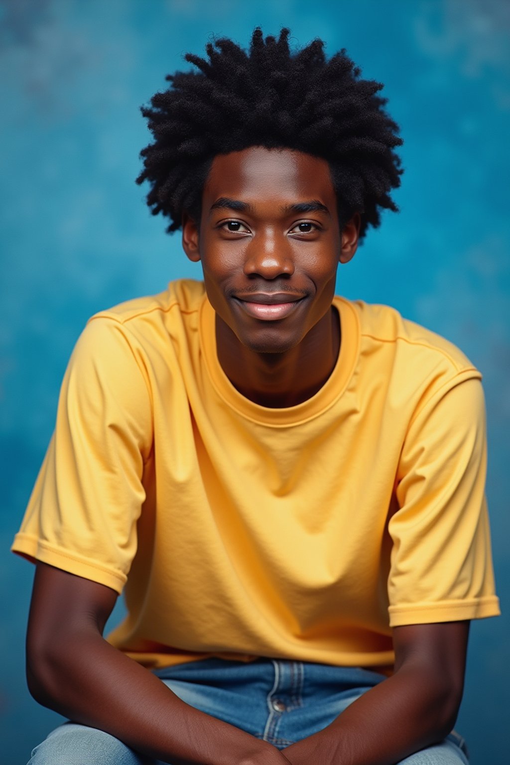 (school portrait) photo headshot of a young 18 y o man in 1990s style, nineties style, 90s, 1990s fashion, 1990s hair, school, man is sitting and posing for a (yearbook) picture, blue yearbook background, official school yearbook photo, man sitting (looking straight into camera), (school shoot), (inside), blue yearbook background