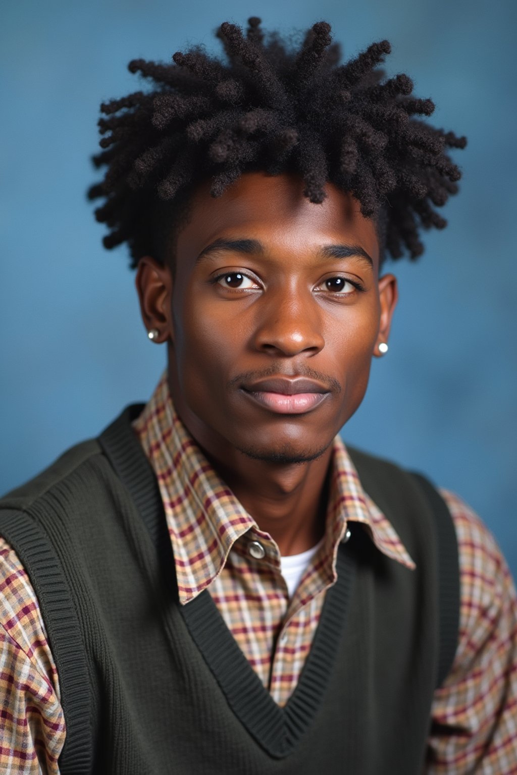 (school portrait) photo headshot of a young 18 y o man in 1990s style, nineties style, 90s, 1990s fashion, 1990s hair, school, man is sitting and posing for a (yearbook) picture, blue yearbook background, official school yearbook photo, man sitting (looking straight into camera), (school shoot), (inside), blue yearbook background