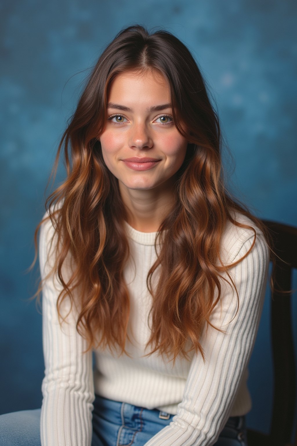 (school portrait) photo headshot of a young 18 y o woman in 1990s style, nineties style, 90s, 1990s fashion, 1990s hair, school, woman is sitting and posing for a (yearbook) picture, blue yearbook background, official school yearbook photo, woman sitting (looking straight into camera), (school shoot), (inside), blue yearbook background