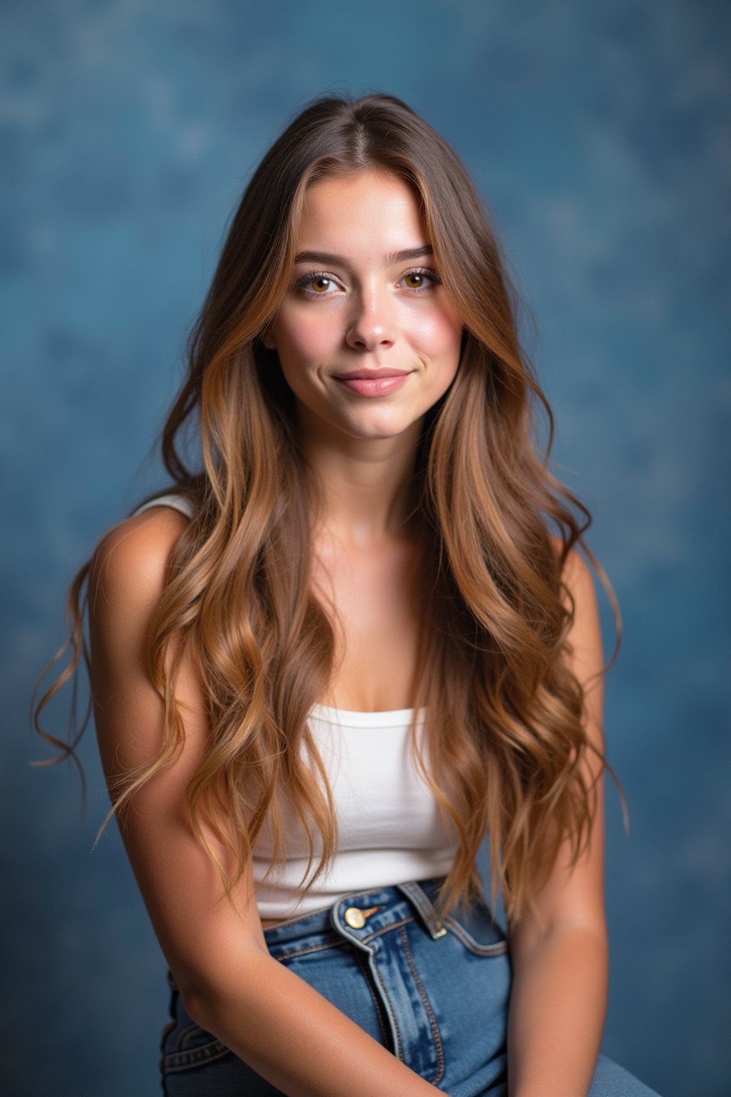 (school portrait) photo headshot of a young 18 y o woman in 1990s style, nineties style, 90s, 1990s fashion, 1990s hair, school, woman is sitting and posing for a (yearbook) picture, blue yearbook background, official school yearbook photo, woman sitting (looking straight into camera), (school shoot), (inside), blue yearbook background