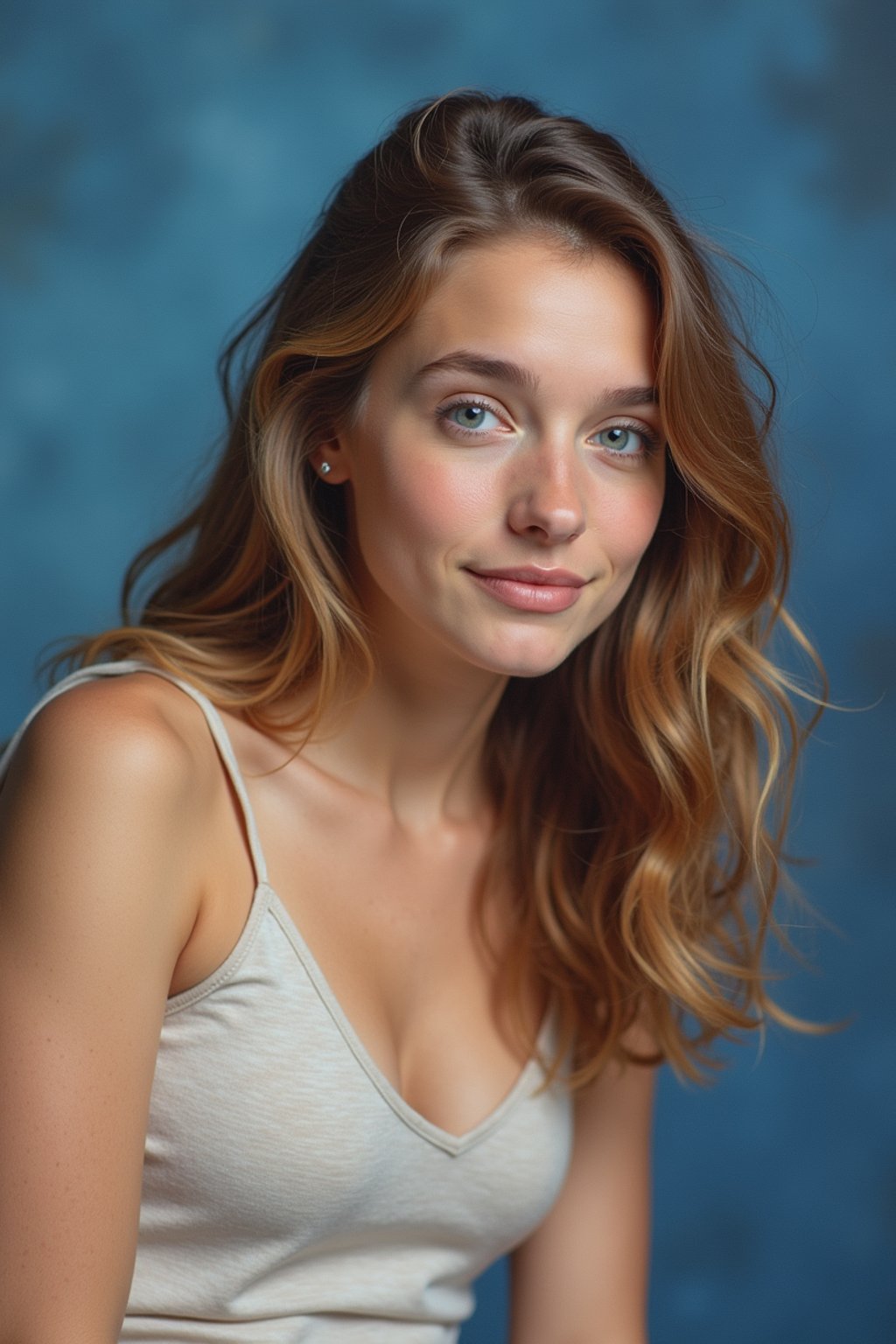 (school portrait) photo headshot of a young 18 y o woman in 1990s style, nineties style, 90s, 1990s fashion, 1990s hair, school, woman is sitting and posing for a (yearbook) picture, blue yearbook background, official school yearbook photo, woman sitting (looking straight into camera), (school shoot), (inside), blue yearbook background