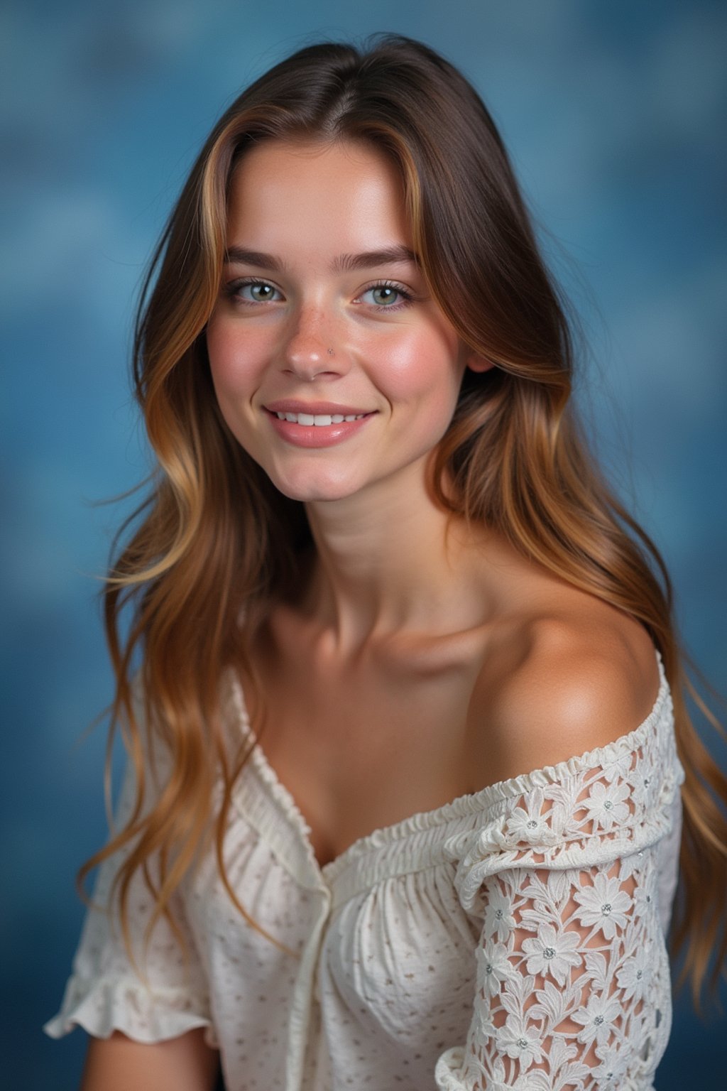 (school portrait) photo headshot of a young 18 y o woman in 1990s style, nineties style, 90s, 1990s fashion, 1990s hair, school, woman is sitting and posing for a (yearbook) picture, blue yearbook background, official school yearbook photo, woman sitting (looking straight into camera), (school shoot), (inside), blue yearbook background