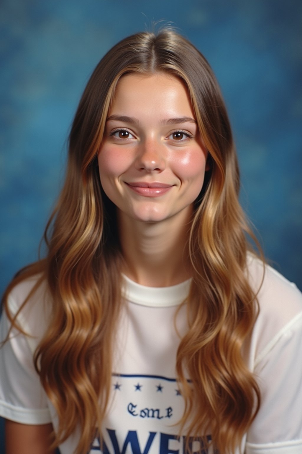 (school portrait) photo headshot of a young 18 y o woman in 1990s style, nineties style, 90s, 1990s fashion, 1990s hair, school, woman is sitting and posing for a (yearbook) picture, blue yearbook background, official school yearbook photo, woman sitting (looking straight into camera), (school shoot), (inside), blue yearbook background