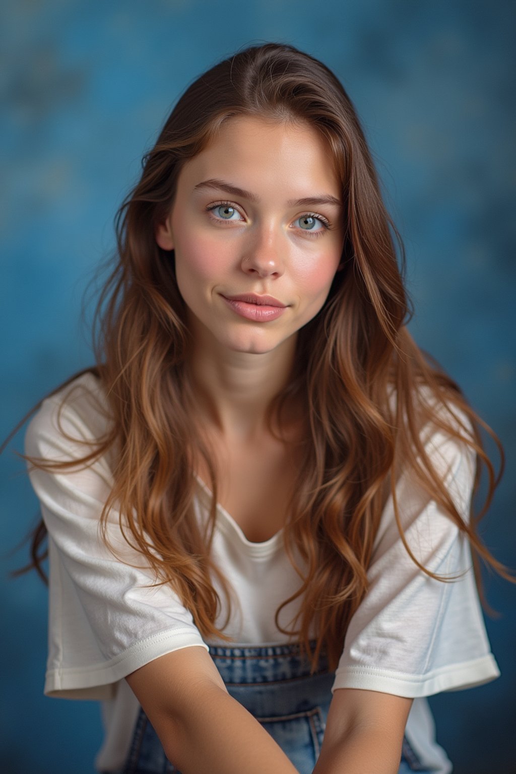 (school portrait) photo headshot of a young 18 y o woman in 1990s style, nineties style, 90s, 1990s fashion, 1990s hair, school, woman is sitting and posing for a (yearbook) picture, blue yearbook background, official school yearbook photo, woman sitting (looking straight into camera), (school shoot), (inside), blue yearbook background