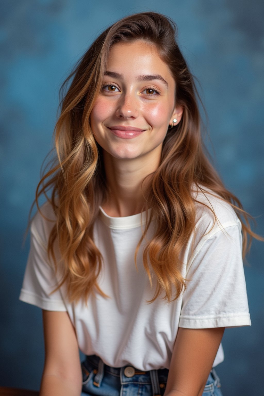 (school portrait) photo headshot of a young 18 y o woman in 1990s style, nineties style, 90s, 1990s fashion, 1990s hair, school, woman is sitting and posing for a (yearbook) picture, blue yearbook background, official school yearbook photo, woman sitting (looking straight into camera), (school shoot), (inside), blue yearbook background