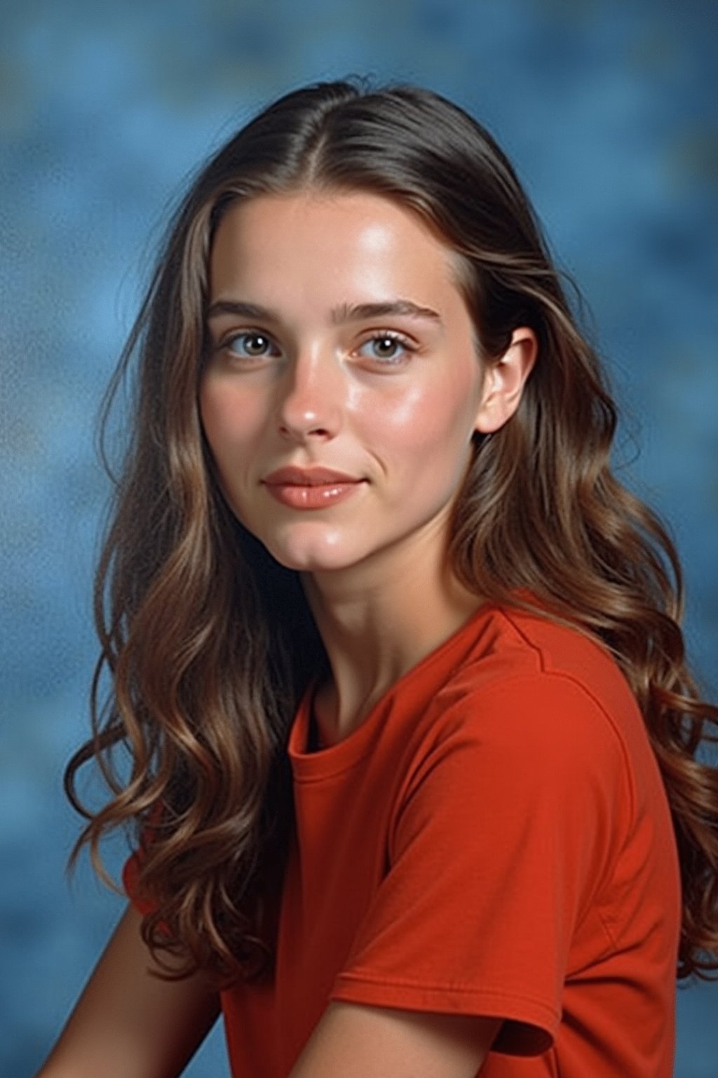 (school portrait) photo headshot of a young 18 y o woman in 1990s style, nineties style, 90s, 1990s fashion, 1990s hair, school, woman is sitting and posing for a (yearbook) picture, blue yearbook background, official school yearbook photo, woman sitting (looking straight into camera), (school shoot), (inside), blue yearbook background