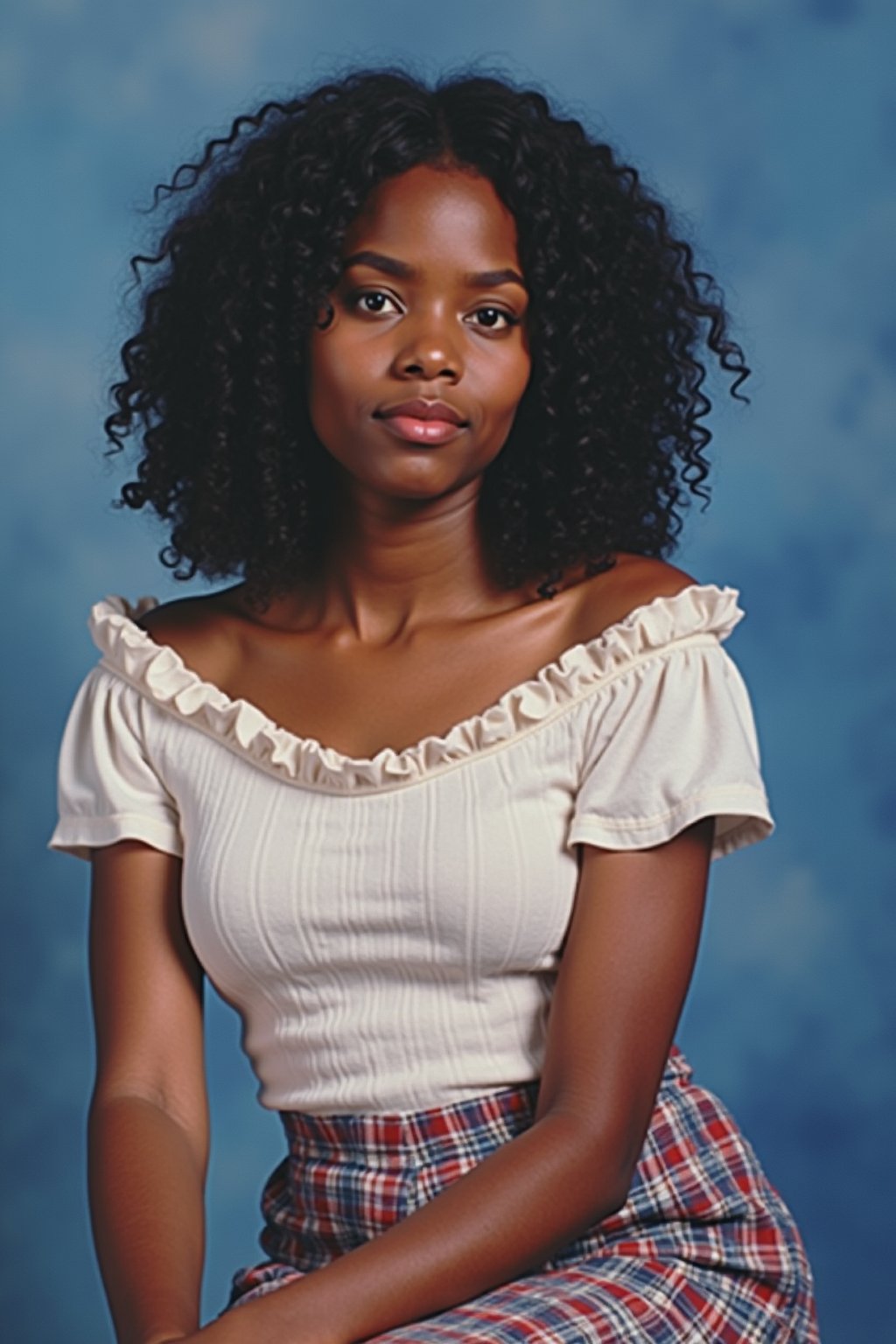 (school portrait) photo headshot of a young 18 y o woman in 1990s style, nineties style, 90s, 1990s fashion, 1990s hair, school, woman is sitting and posing for a (yearbook) picture, blue yearbook background, official school yearbook photo, woman sitting (looking straight into camera), (school shoot), (inside), blue yearbook background