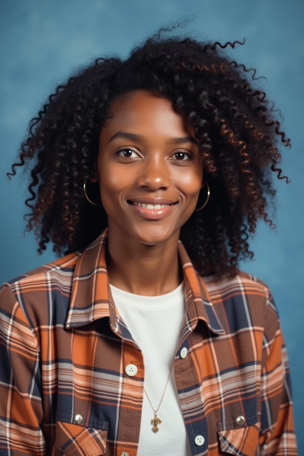 (school portrait) photo headshot of a young 18 y o woman in 1990s style, nineties style, 90s, 1990s fashion, 1990s hair, school, woman is sitting and posing for a (yearbook) picture, blue yearbook background, official school yearbook photo, woman sitting (looking straight into camera), (school shoot), (inside), blue yearbook background