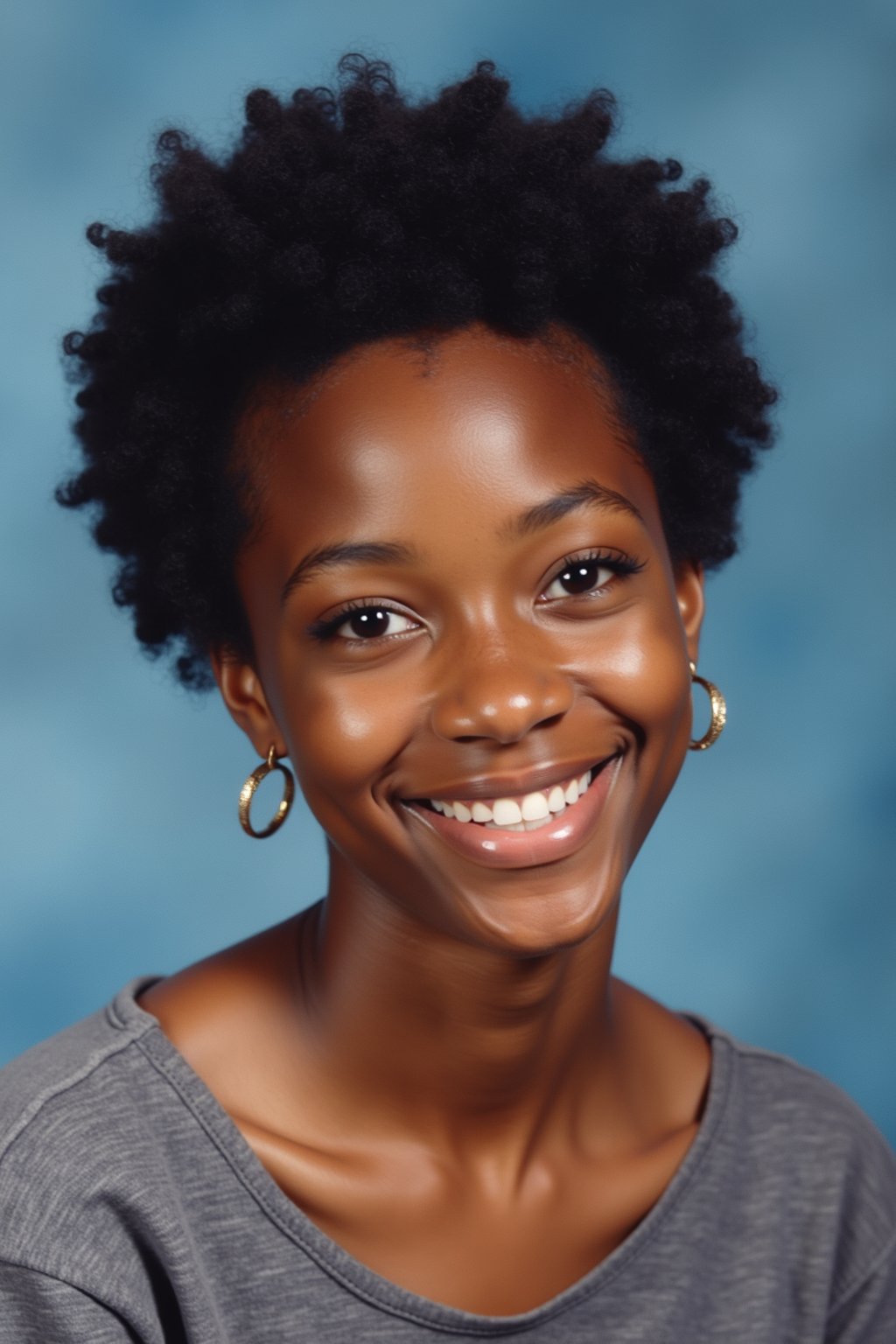 (school portrait) photo headshot of a young 18 y o woman in 1990s style, nineties style, 90s, 1990s fashion, 1990s hair, school, woman is sitting and posing for a (yearbook) picture, blue yearbook background, official school yearbook photo, woman sitting (looking straight into camera), (school shoot), (inside), blue yearbook background