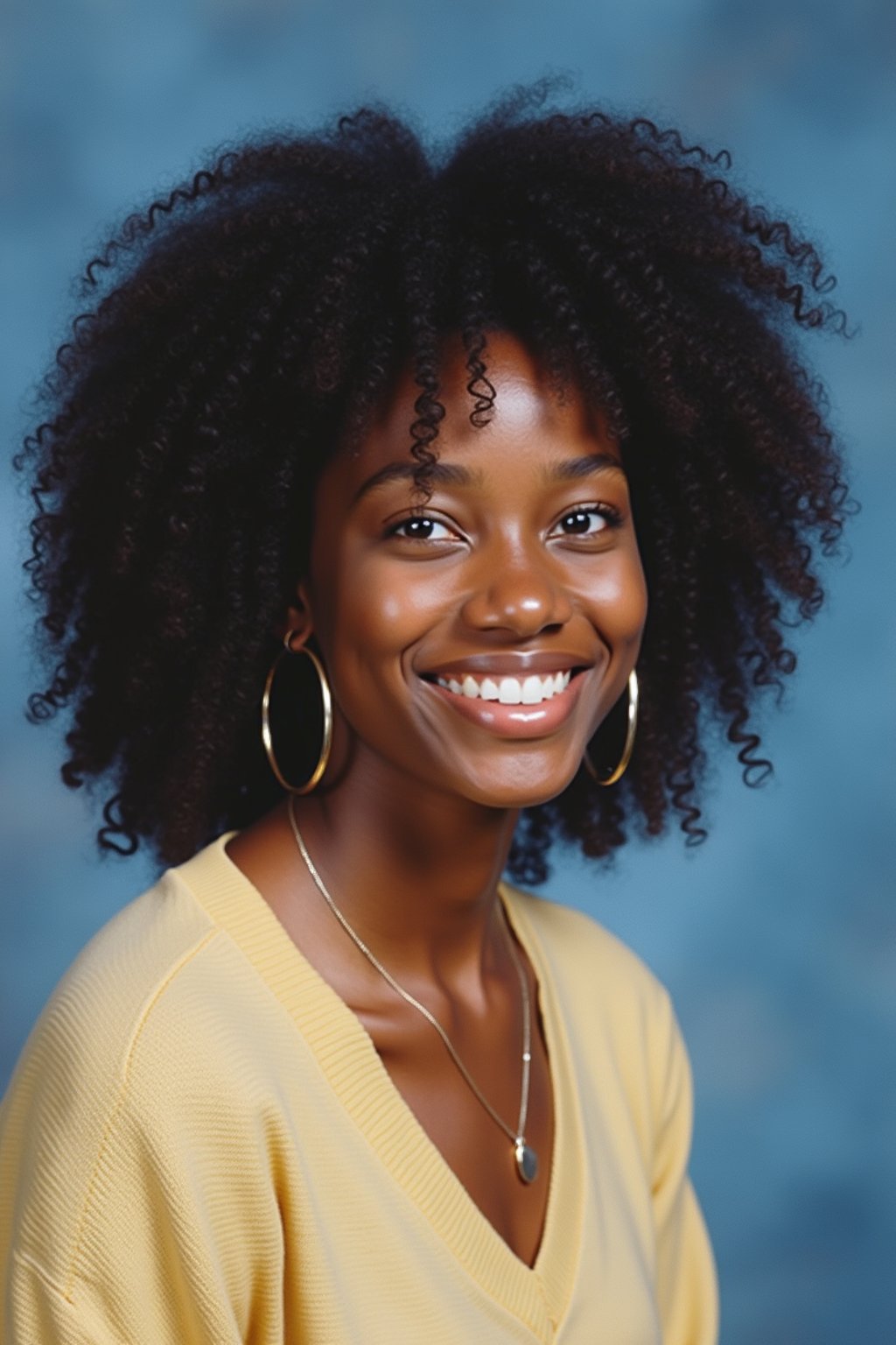 (school portrait) photo headshot of a young 18 y o woman in 1990s style, nineties style, 90s, 1990s fashion, 1990s hair, school, woman is sitting and posing for a (yearbook) picture, blue yearbook background, official school yearbook photo, woman sitting (looking straight into camera), (school shoot), (inside), blue yearbook background