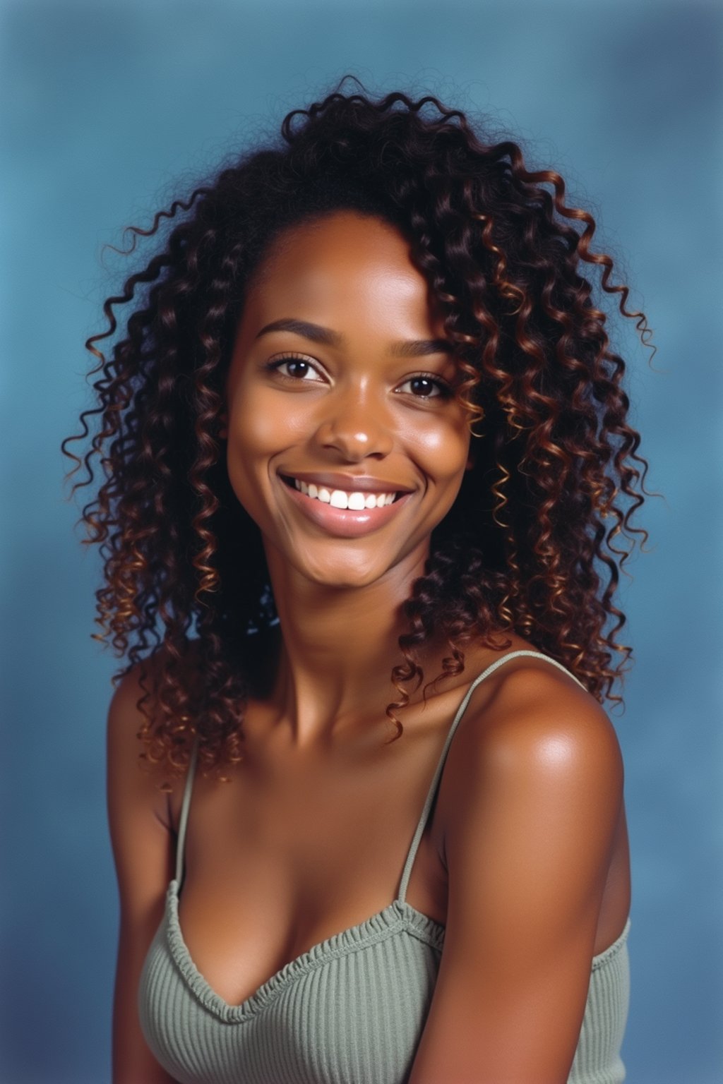 (school portrait) photo headshot of a young 18 y o woman in 1990s style, nineties style, 90s, 1990s fashion, 1990s hair, school, woman is sitting and posing for a (yearbook) picture, blue yearbook background, official school yearbook photo, woman sitting (looking straight into camera), (school shoot), (inside), blue yearbook background