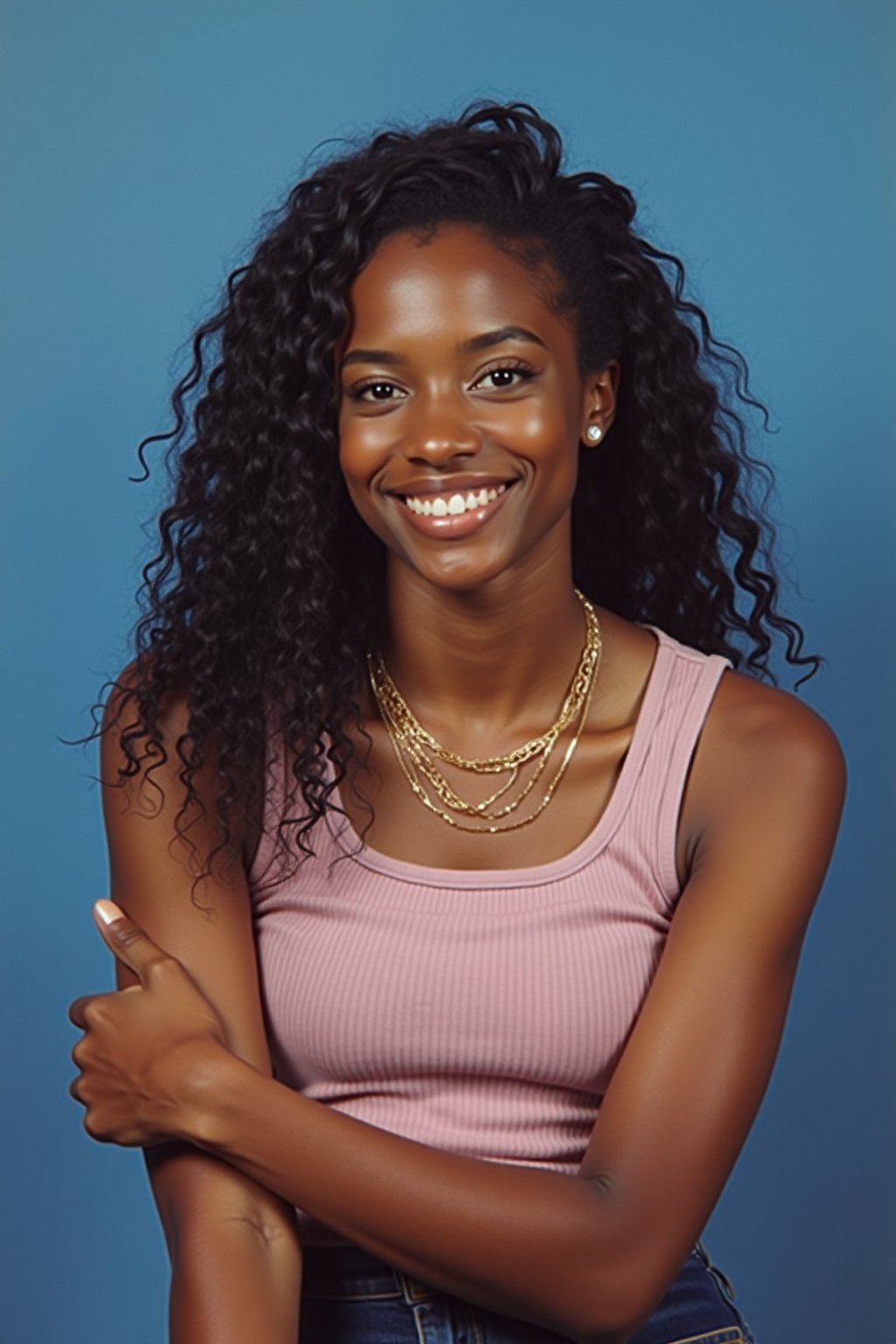 (school portrait) photo headshot of a young 18 y o woman in 1990s style, nineties style, 90s, 1990s fashion, 1990s hair, school, woman is sitting and posing for a (yearbook) picture, blue yearbook background, official school yearbook photo, woman sitting (looking straight into camera), (school shoot), (inside), blue yearbook background