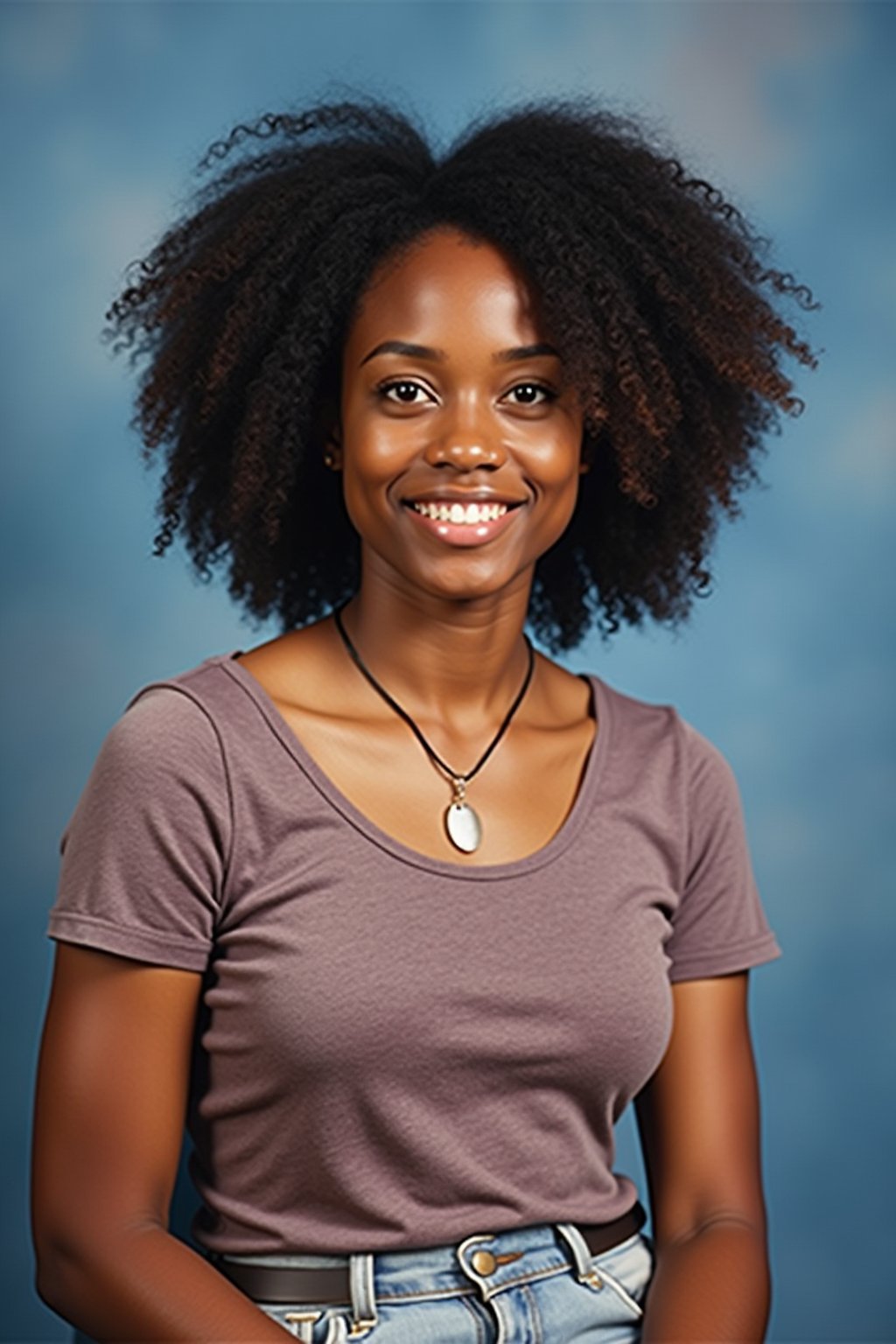 (school portrait) photo headshot of a young 18 y o woman in 1990s style, nineties style, 90s, 1990s fashion, 1990s hair, school, woman is sitting and posing for a (yearbook) picture, blue yearbook background, official school yearbook photo, woman sitting (looking straight into camera), (school shoot), (inside), blue yearbook background