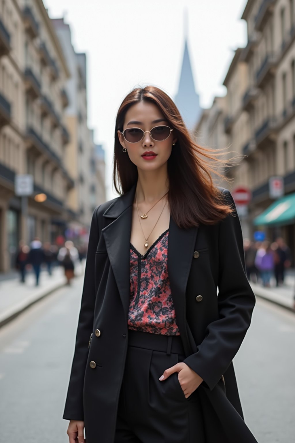 stylish and chic  woman in Buenos Aires wearing a modern street style outfit, Obelisco de Buenos Aires in the background