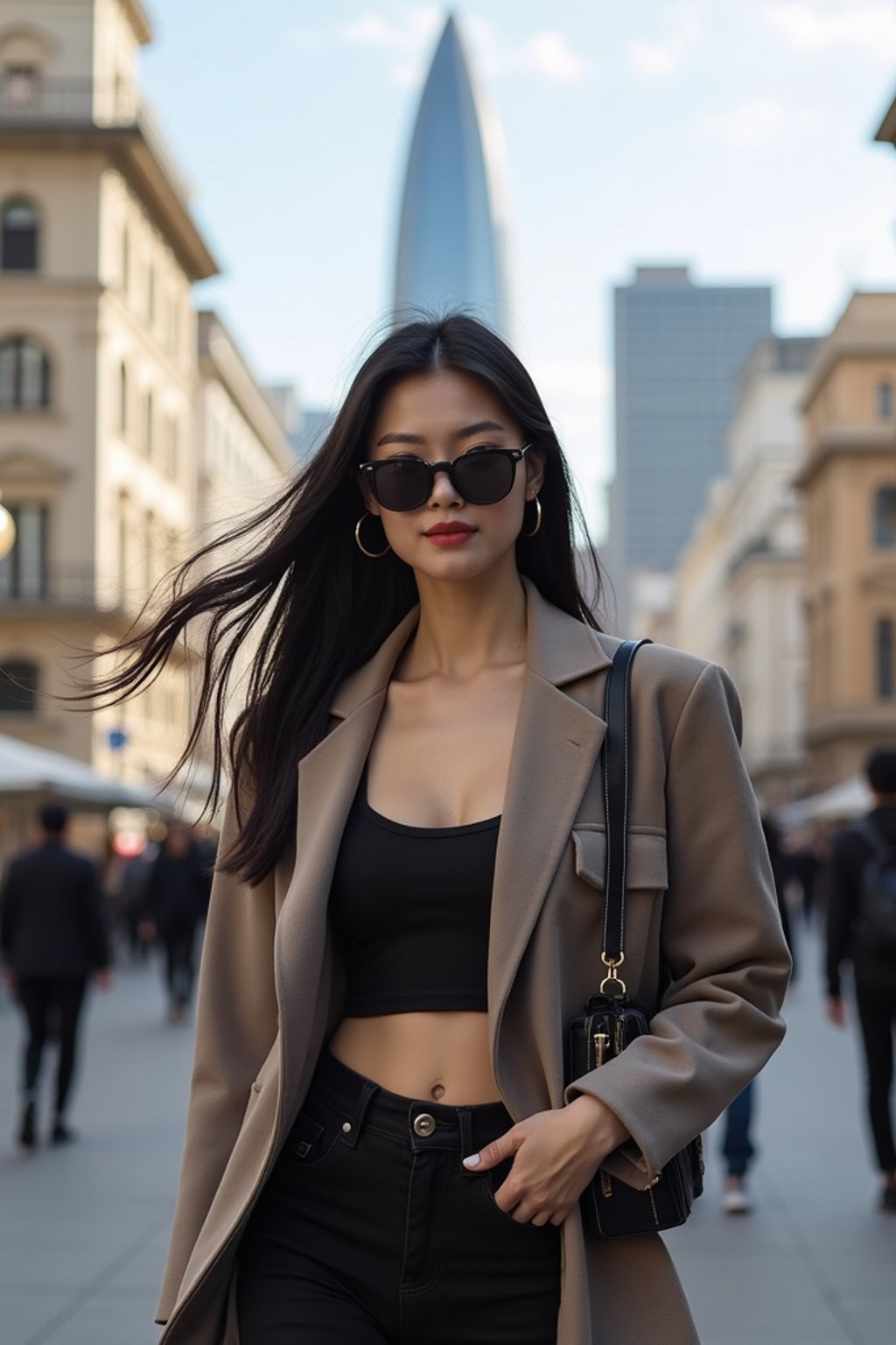 stylish and chic  woman in Buenos Aires wearing a modern street style outfit, Obelisco de Buenos Aires in the background