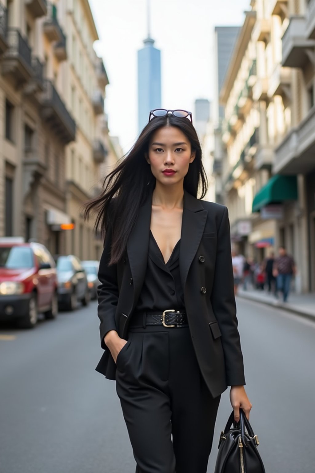 stylish and chic  woman in Buenos Aires wearing a modern street style outfit, Obelisco de Buenos Aires in the background