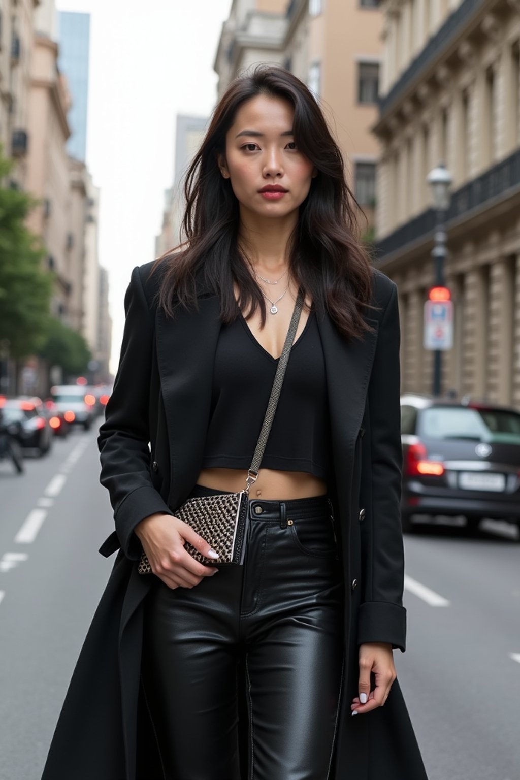 stylish and chic  woman in Buenos Aires wearing a modern street style outfit, Obelisco de Buenos Aires in the background