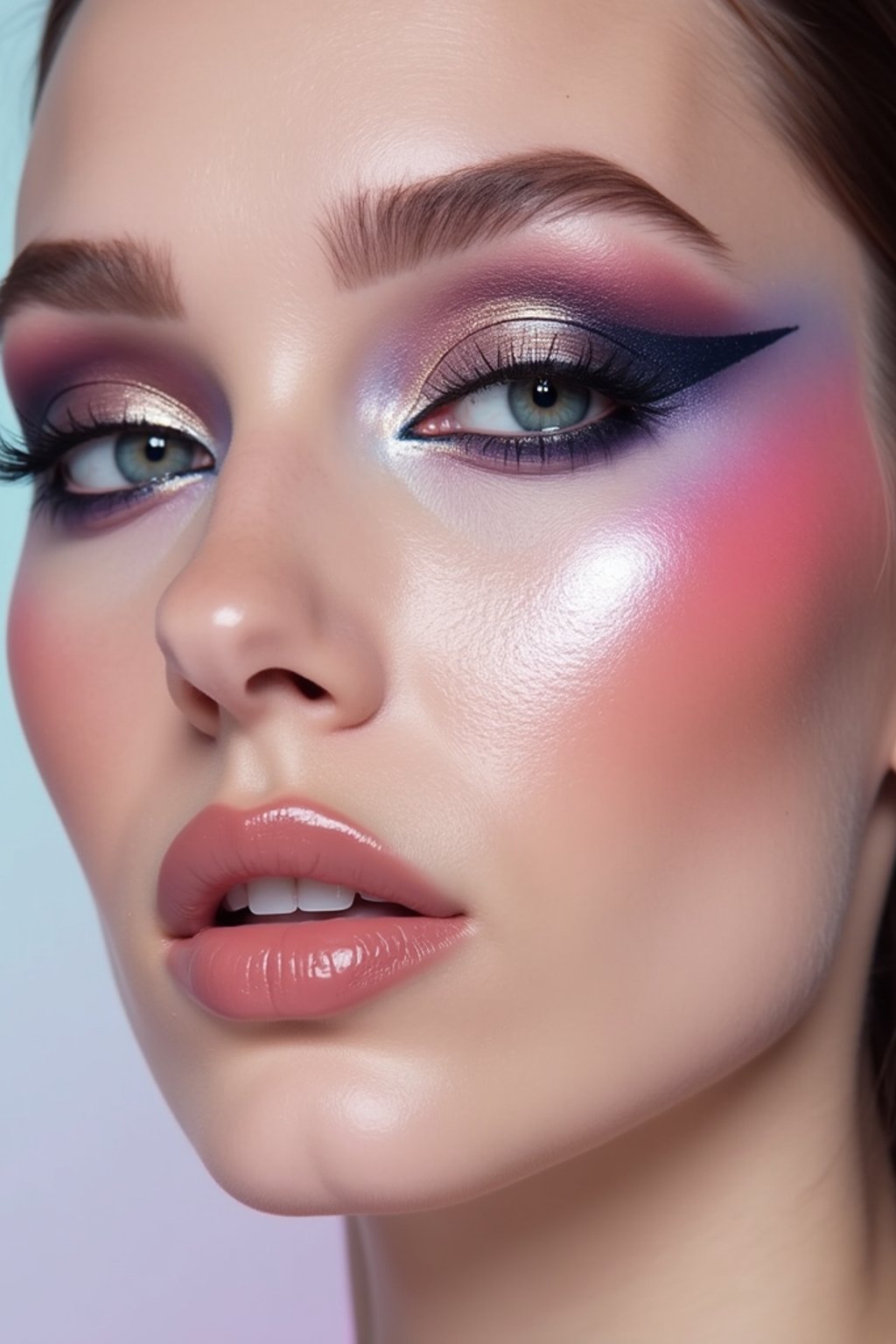 close-up of Futuristic makeup with metallic eyeshadow and sharp contouring. set against a soft, pastel background