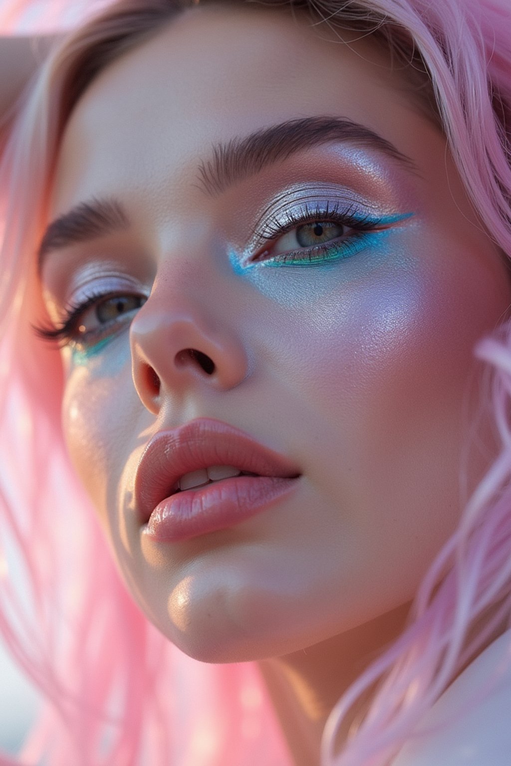 close-up of Futuristic makeup with metallic eyeshadow and sharp contouring. set against a soft, pastel background