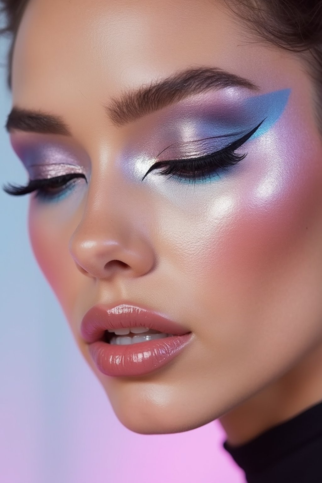 close-up of Futuristic makeup with metallic eyeshadow and sharp contouring. set against a soft, pastel background