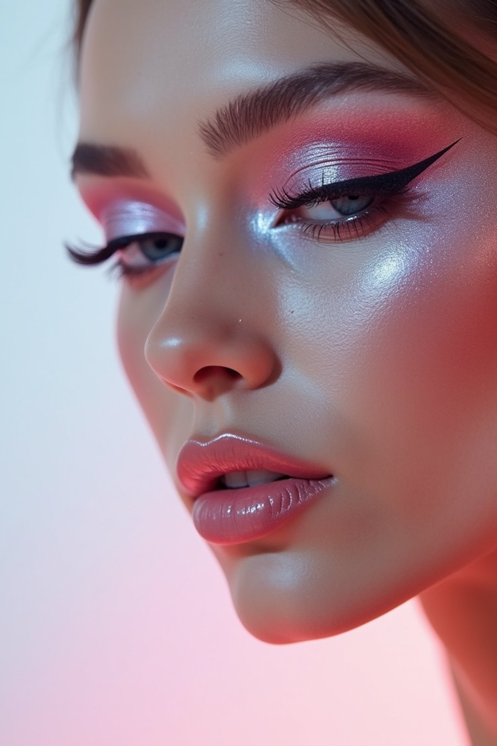 close-up of Futuristic makeup with metallic eyeshadow and sharp contouring. set against a soft, pastel background