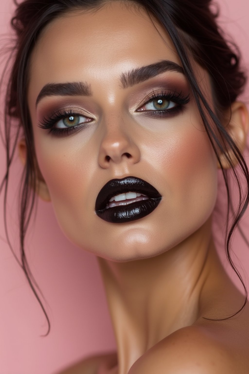 close-up of Edgy makeup look with dark, glossy lips and contoured cheeks. set against a soft, pastel background