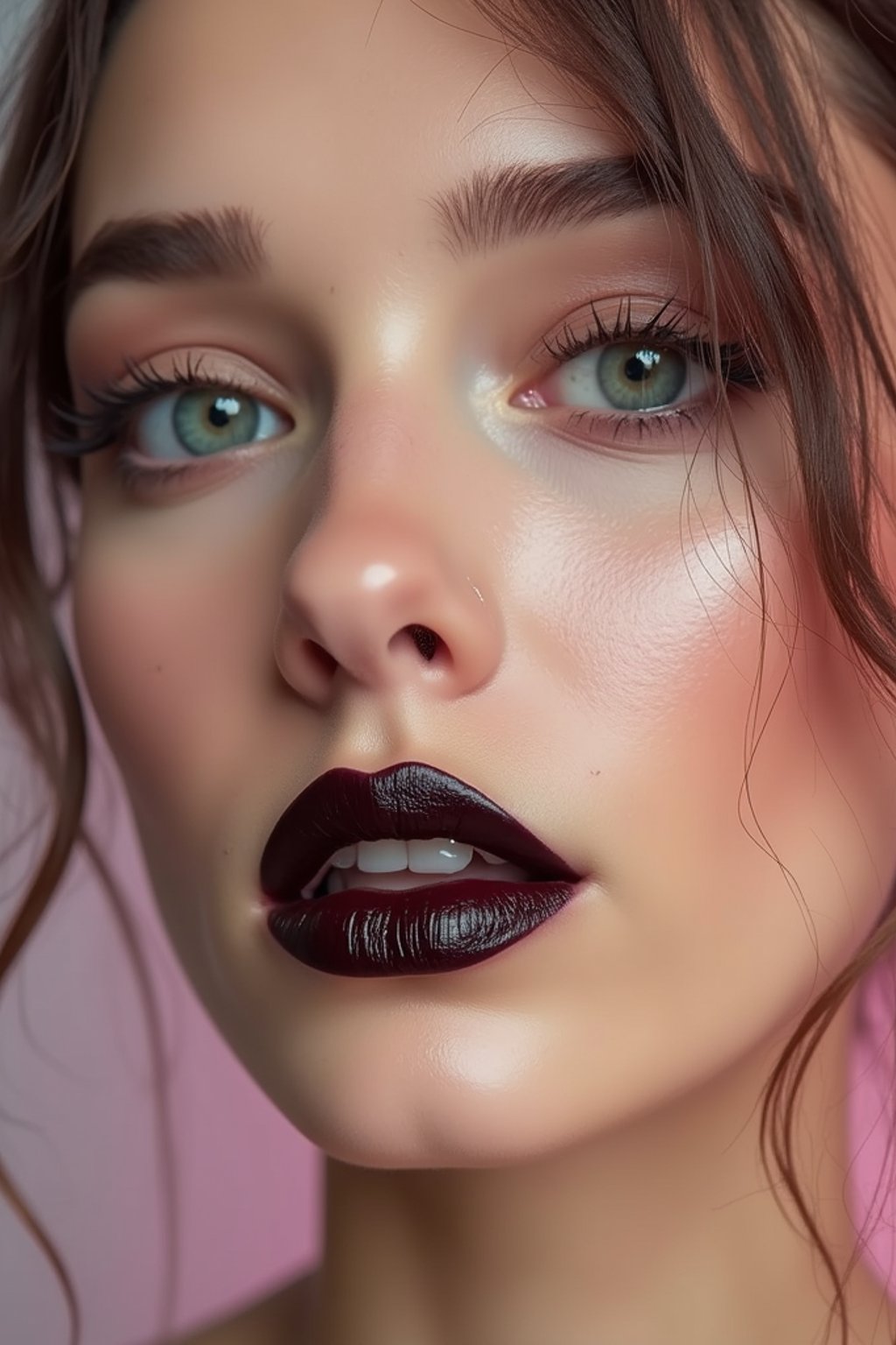 close-up of Edgy makeup look with dark, glossy lips and contoured cheeks. set against a soft, pastel background