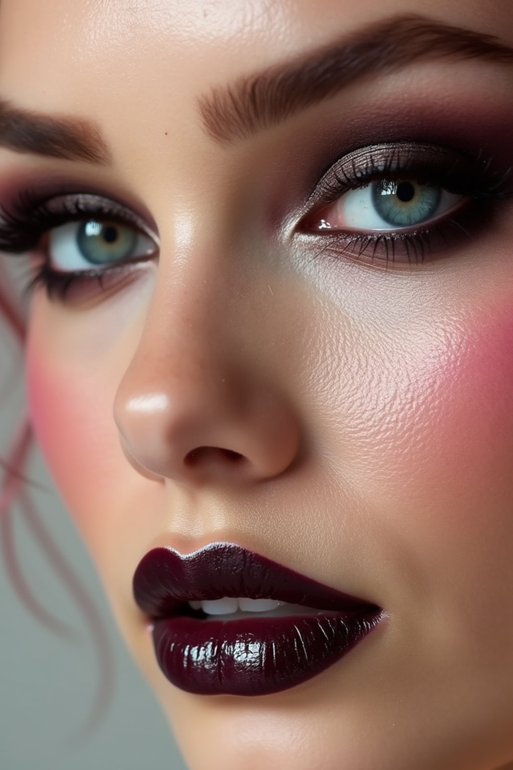 close-up of Edgy makeup look with dark, glossy lips and contoured cheeks. set against a soft, pastel background