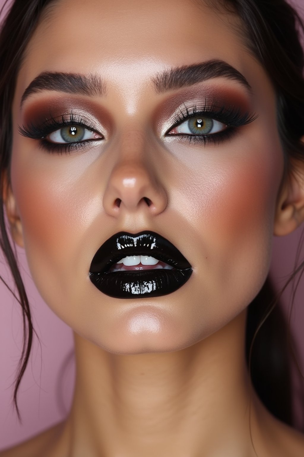 close-up of Edgy makeup look with dark, glossy lips and contoured cheeks. set against a soft, pastel background