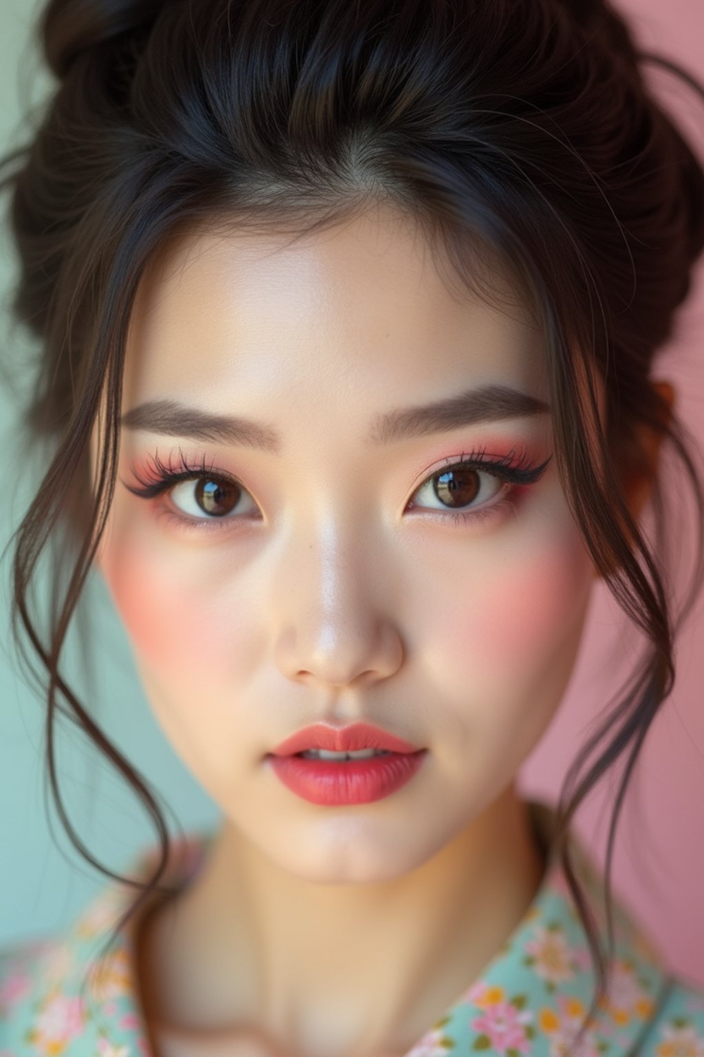 close-up of Model with a retro 60s makeup vibe, featuring thick eyeliner and pastel eyeshadow, paired with a vintage hairstyle. set against a soft, pastel background