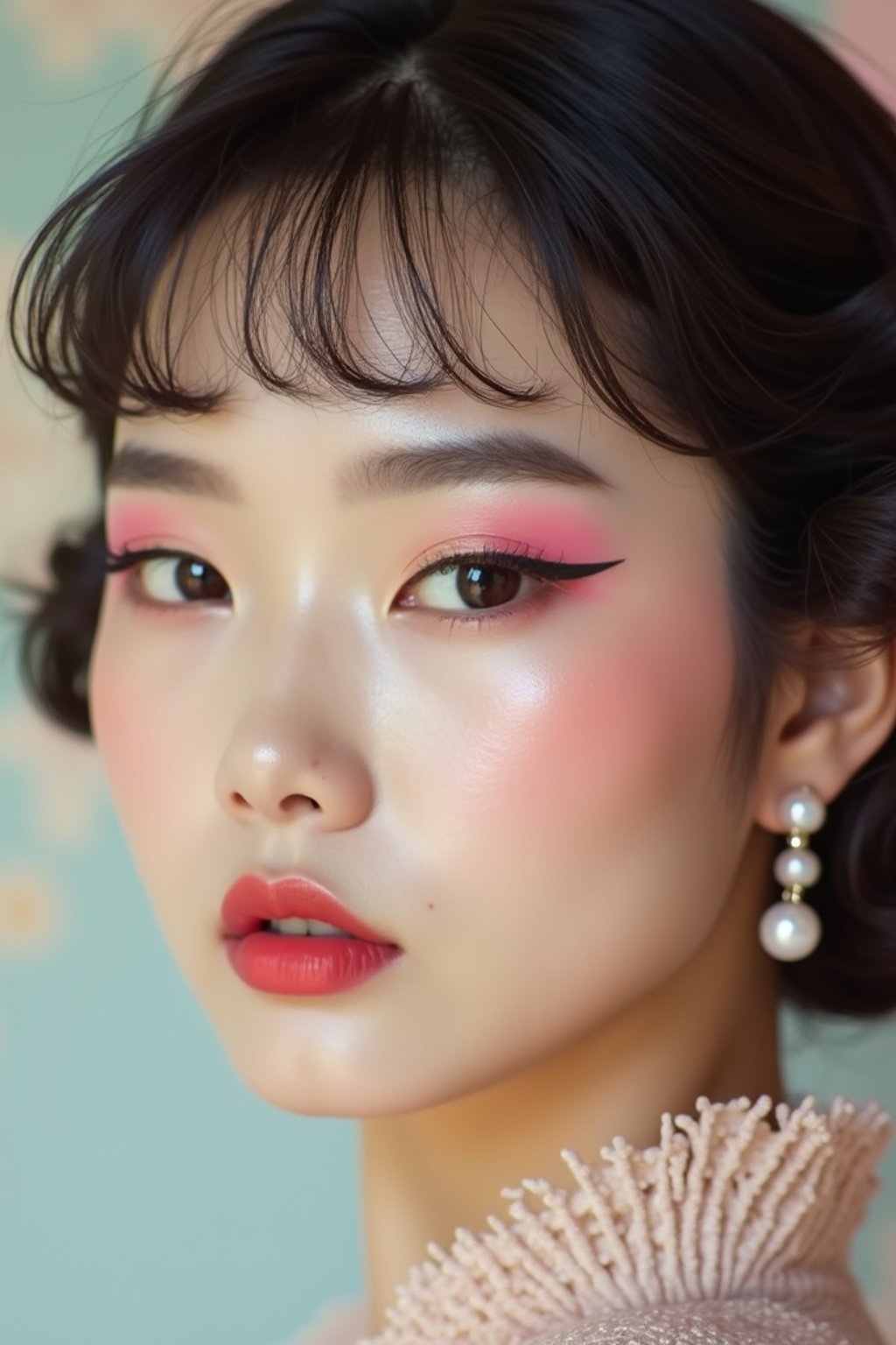 close-up of Model with a retro 60s makeup vibe, featuring thick eyeliner and pastel eyeshadow, paired with a vintage hairstyle. set against a soft, pastel background